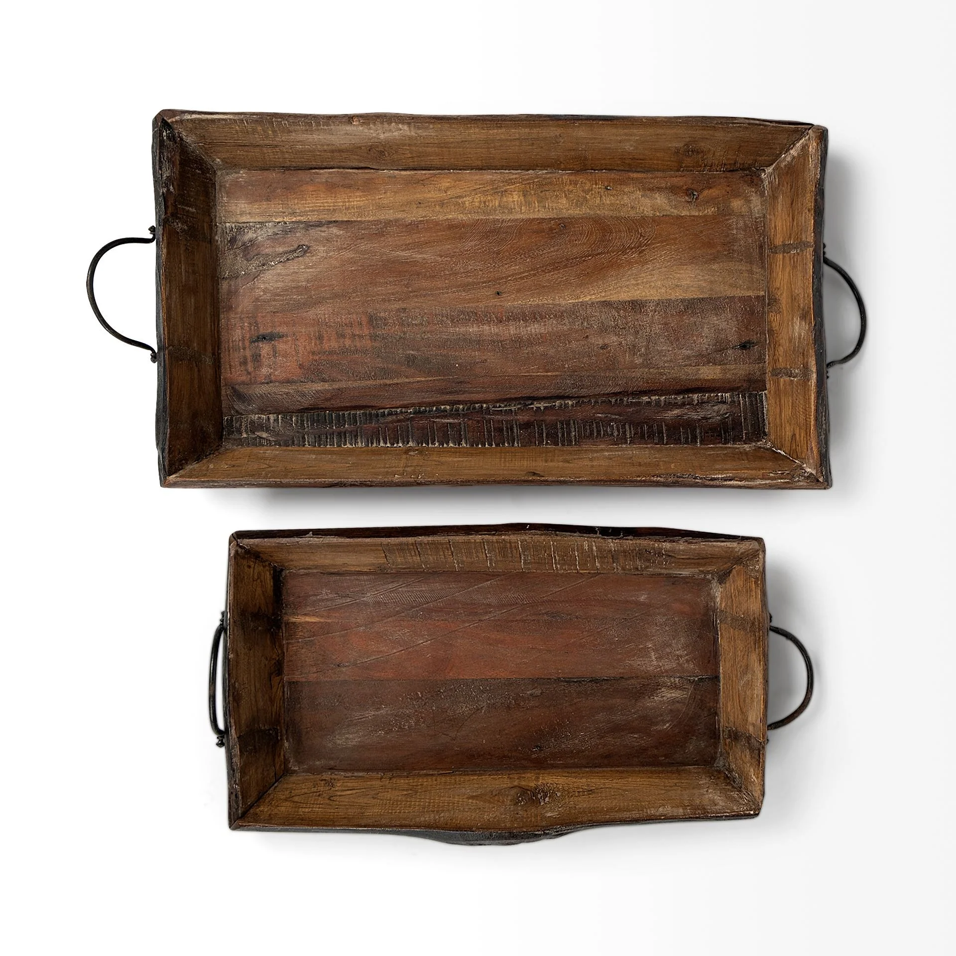 Set Of 2 Medium Brown Recycled Wood With Flaunt Metal Handles Trays By Homeroots - Image 4