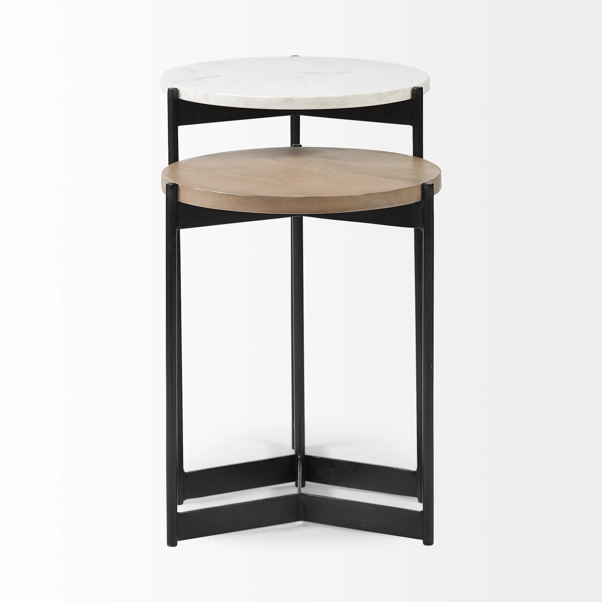 Set of 2 Medium Brown Wood Round Top Side Tables with Marble Nesting By Homeroots - Image 2