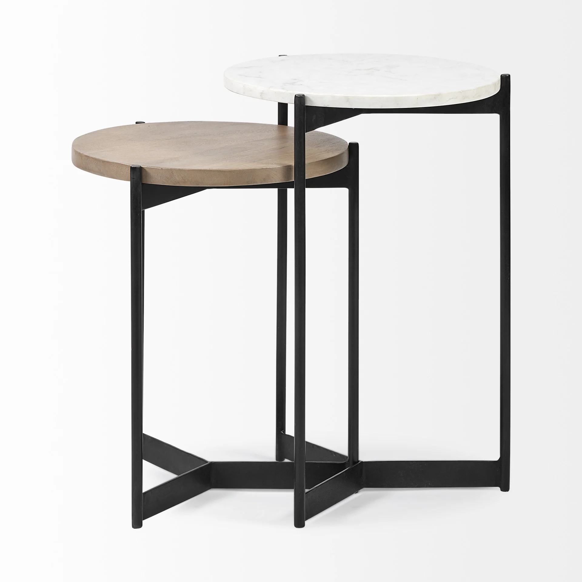Set of 2 Medium Brown Wood Round Top Side Tables with Marble Nesting By Homeroots - Image 3