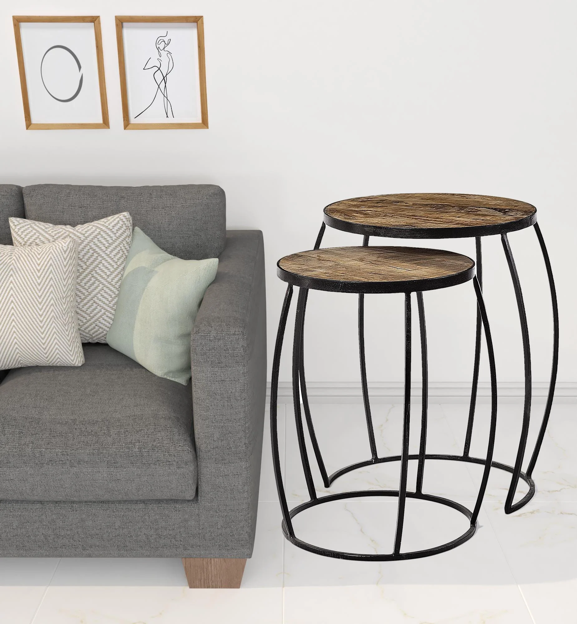 Set of 2 Medium Brown Wooden Round Top Accent Tables with Black Metal Frame Nesting Tables By Homeroots - Image 6