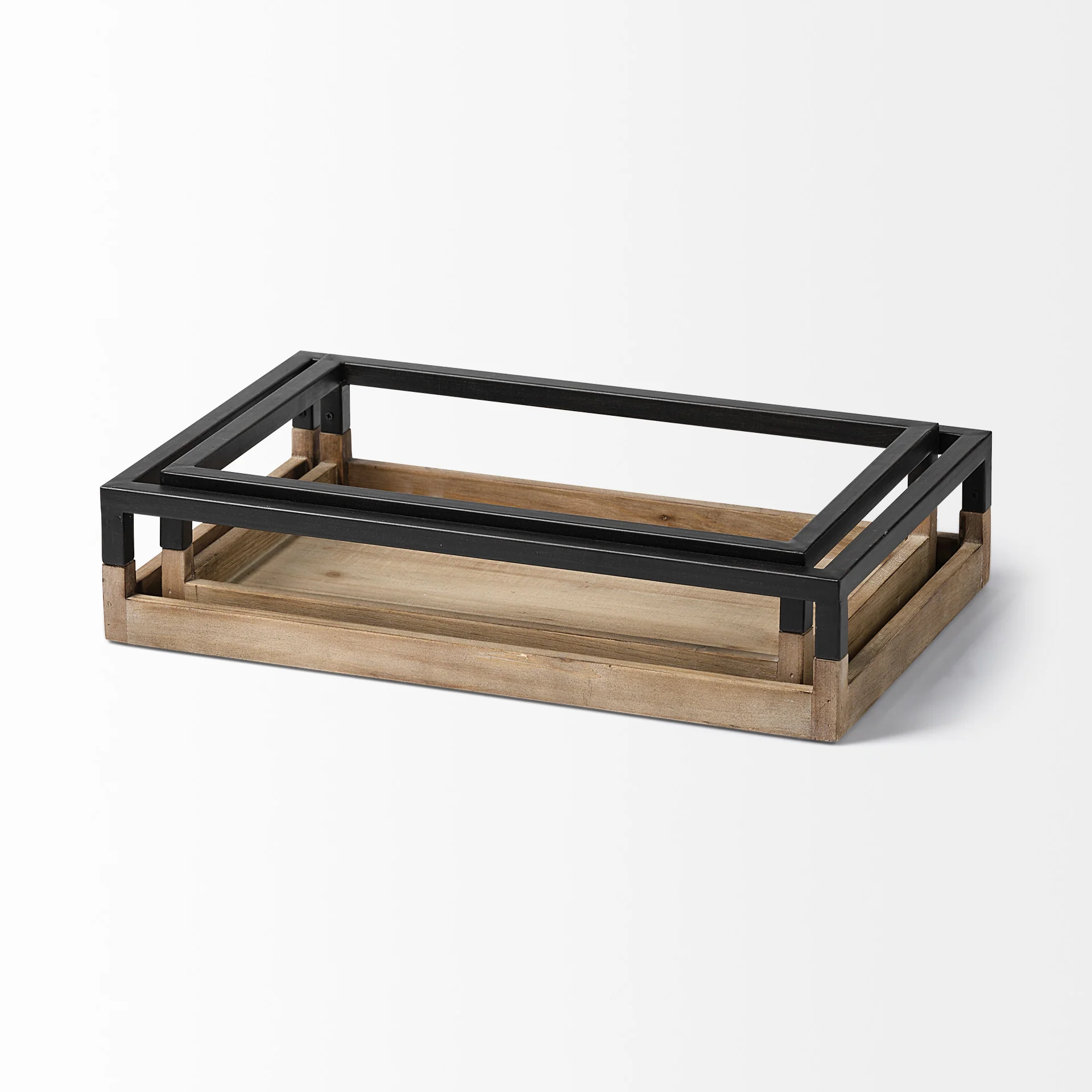 Set Of 2 Natural Finish With Black Nesting Wood Accent Trays By Homeroots - Image 2