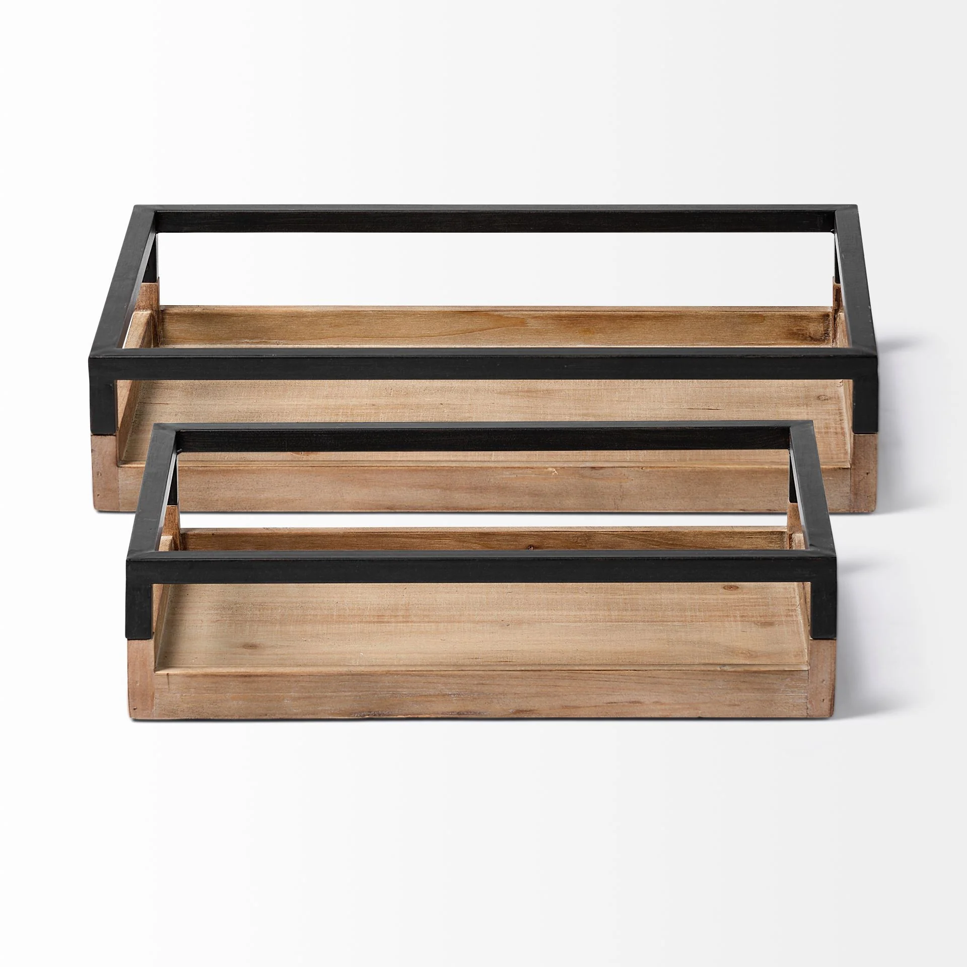 Set Of 2 Natural Finish With Black Nesting Wood Accent Trays By Homeroots - Image 3