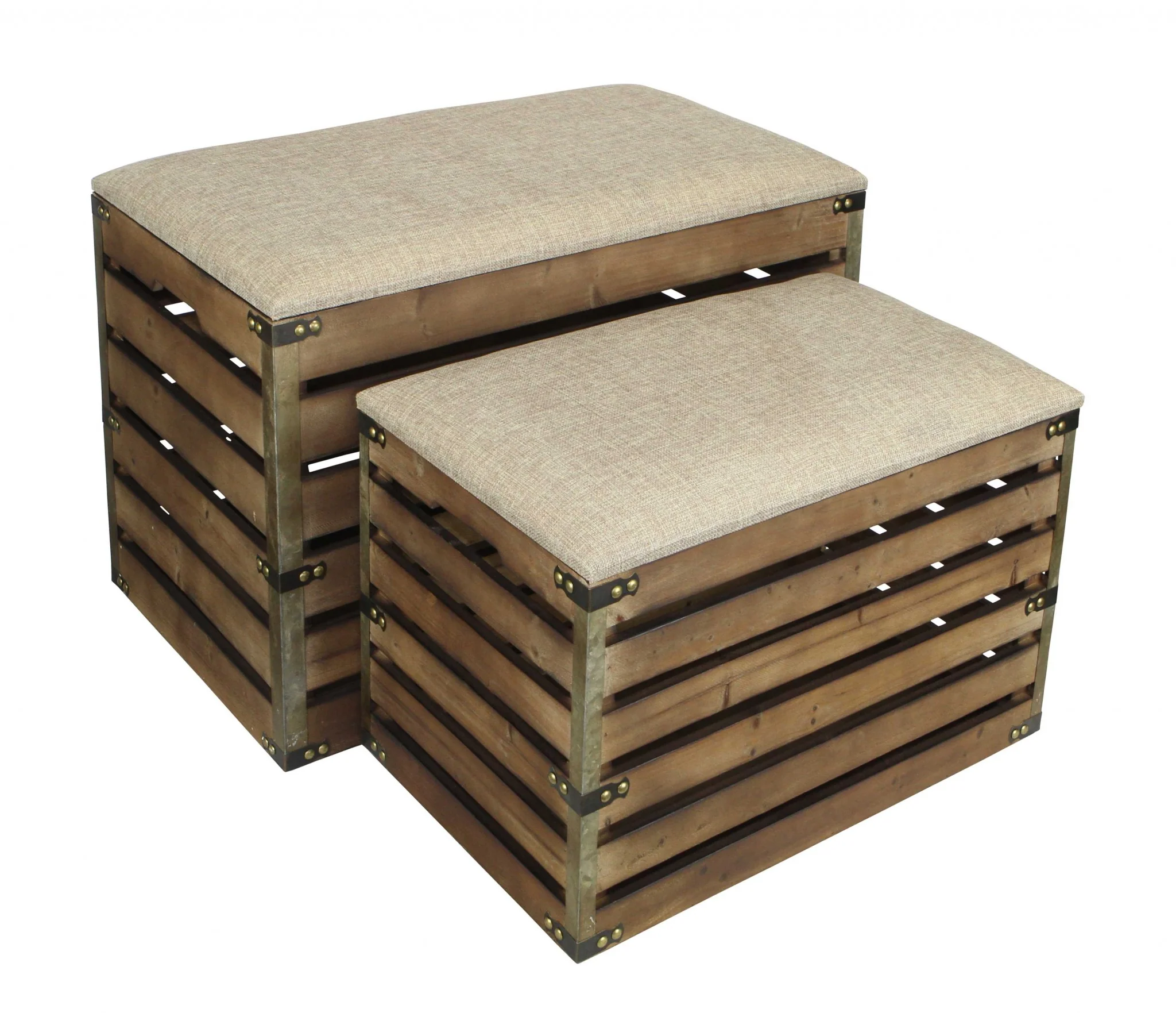 Set of 2 Rectangular Brown Linen Fabric and Wood Slats Storage Benches By Homeroots - Image 2