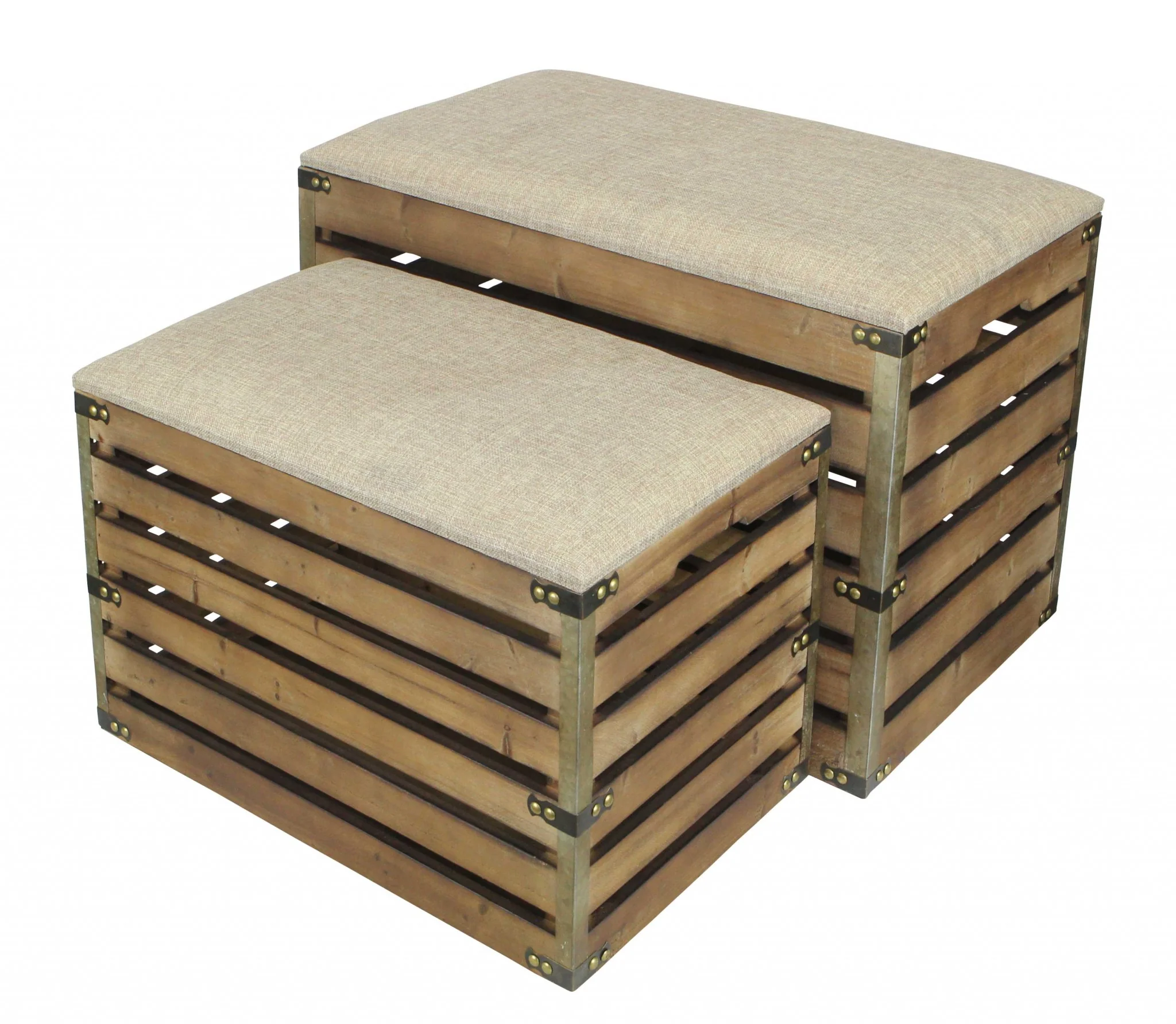 Set of 2 Rectangular Brown Linen Fabric and Wood Slats Storage Benches By Homeroots - Image 3