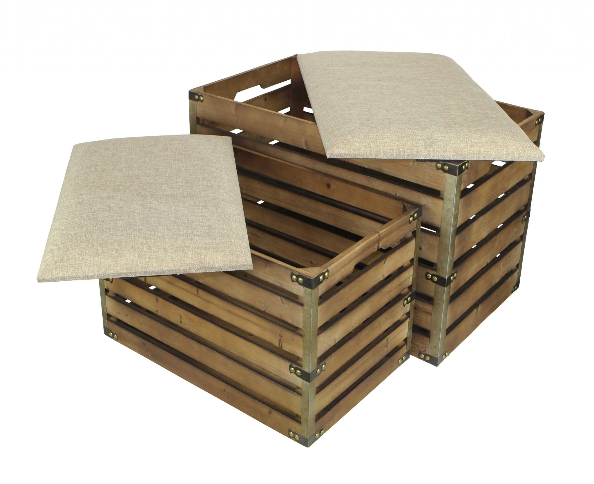 Set of 2 Rectangular Brown Linen Fabric and Wood Slats Storage Benches By Homeroots - Image 4