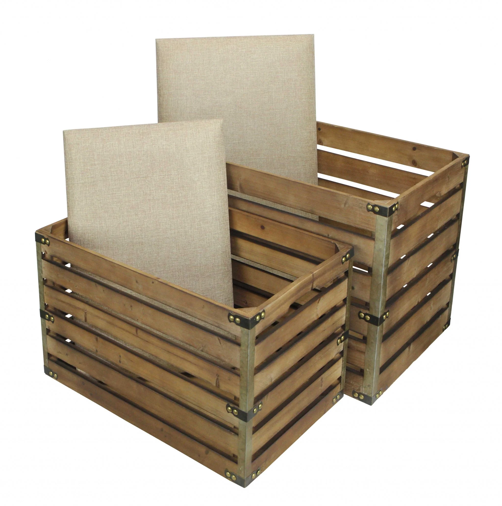 Set of 2 Rectangular Brown Linen Fabric and Wood Slats Storage Benches By Homeroots - Image 5