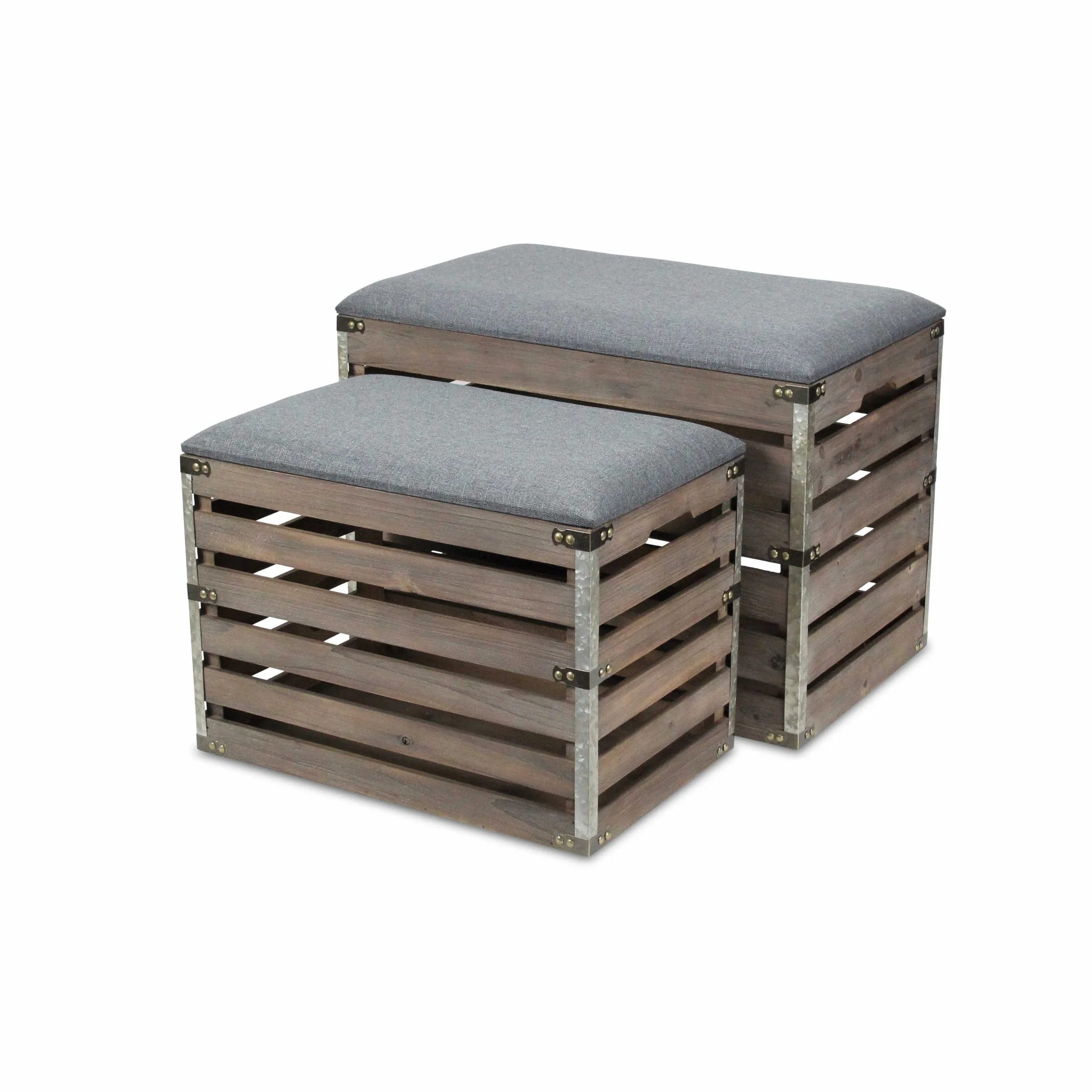 Set of 2 Rectangular Gray Linen Fabric and Wood Slats Storage Benches By Homeroots - Image 2
