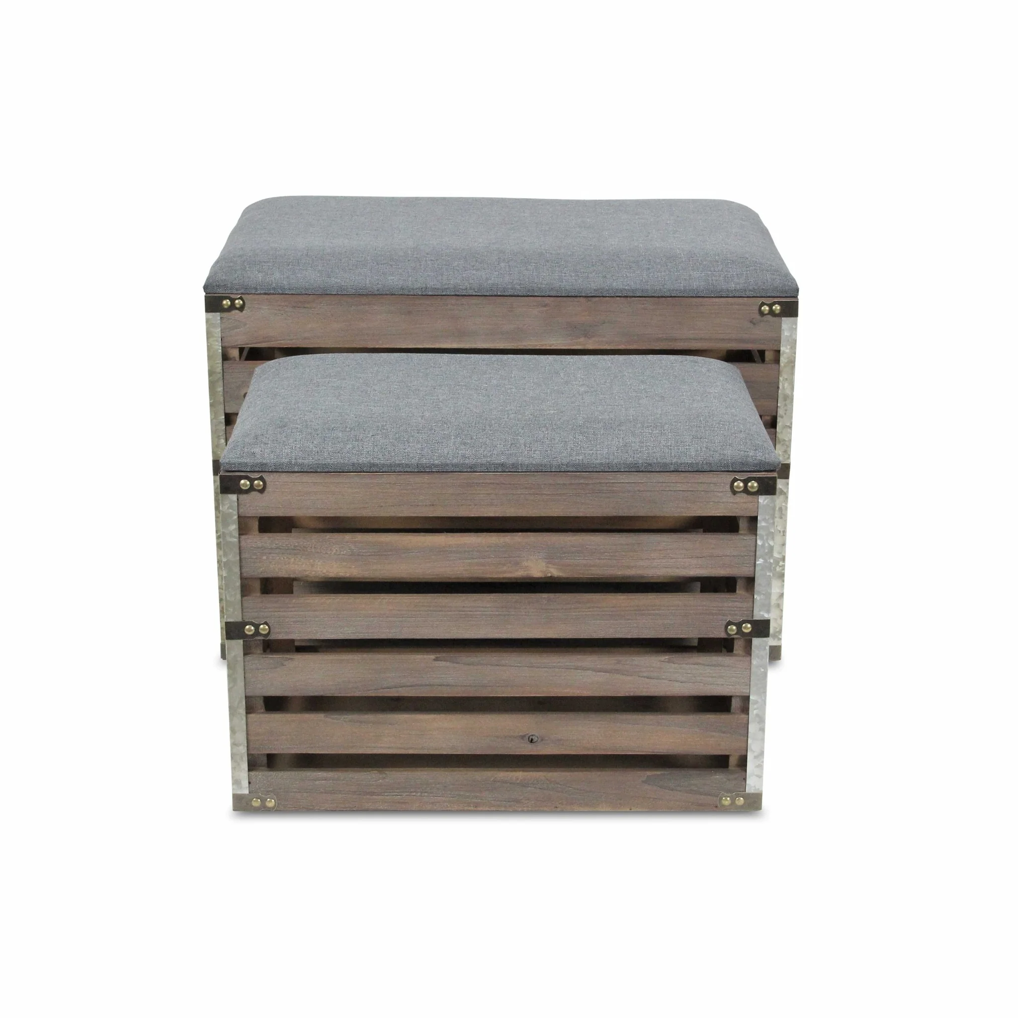 Set of 2 Rectangular Gray Linen Fabric and Wood Slats Storage Benches By Homeroots - Image 3