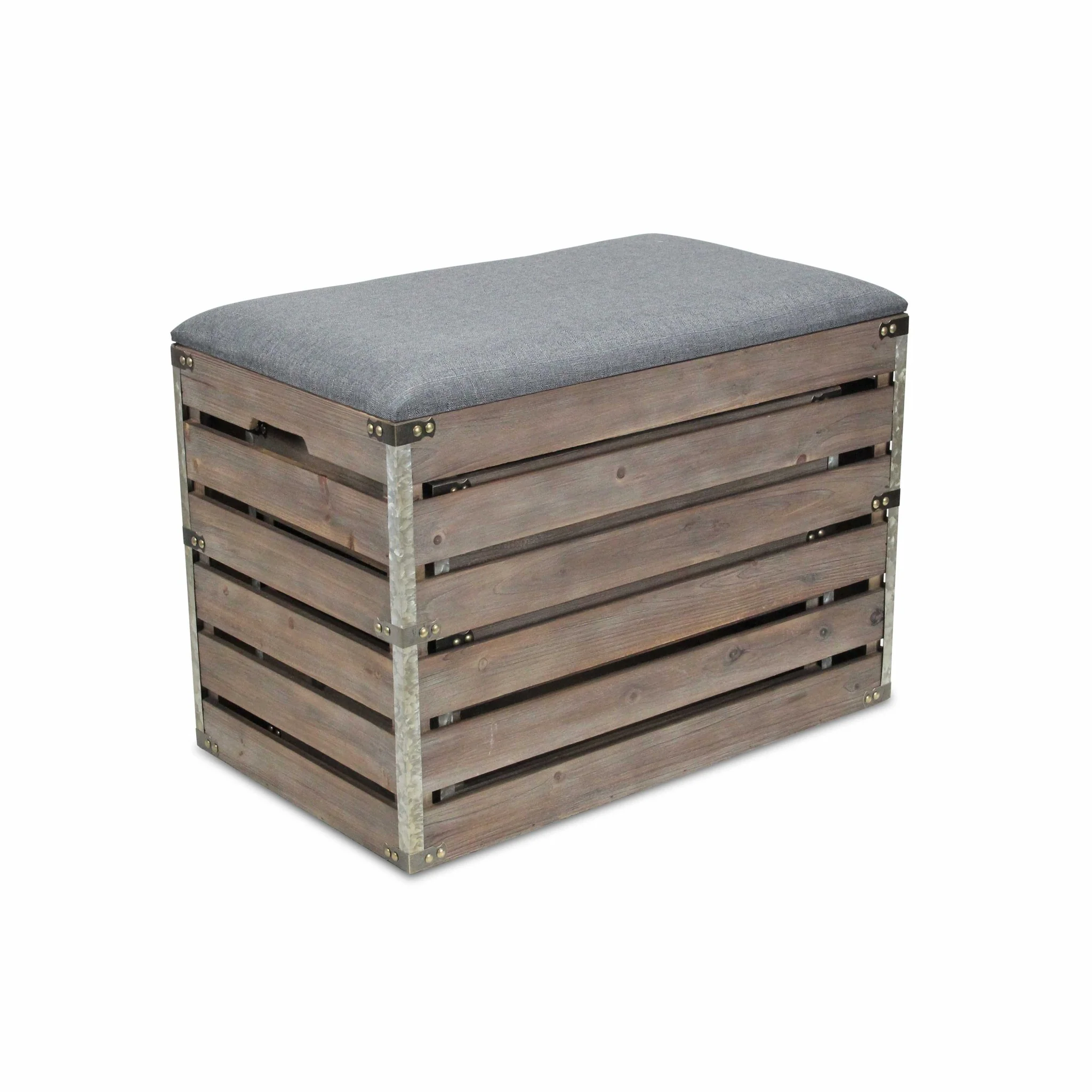 Set of 2 Rectangular Gray Linen Fabric and Wood Slats Storage Benches By Homeroots - Image 4
