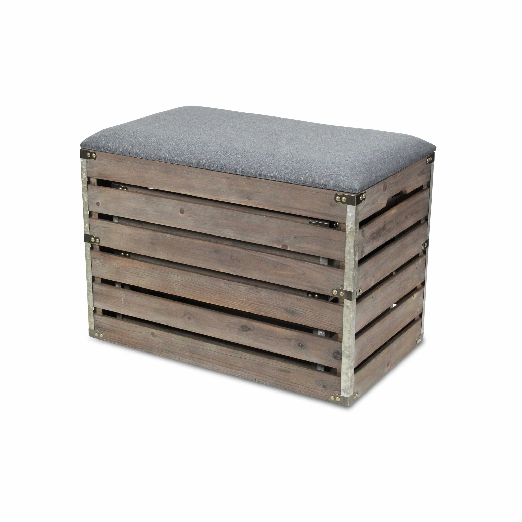 Set of 2 Rectangular Gray Linen Fabric and Wood Slats Storage Benches By Homeroots - Image 5