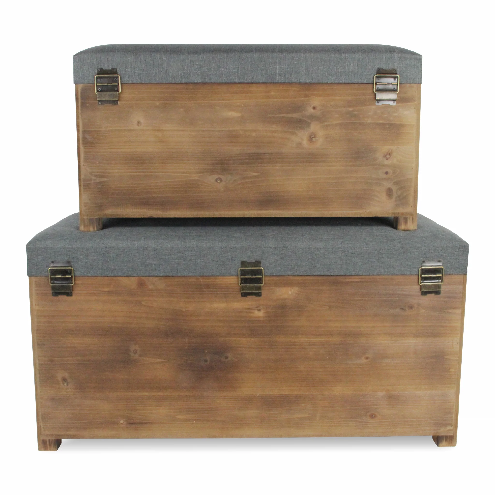 Set of 2 Rectangular Gray Linen Fabric and Wood Storage Benches By Homeroots - Image 7