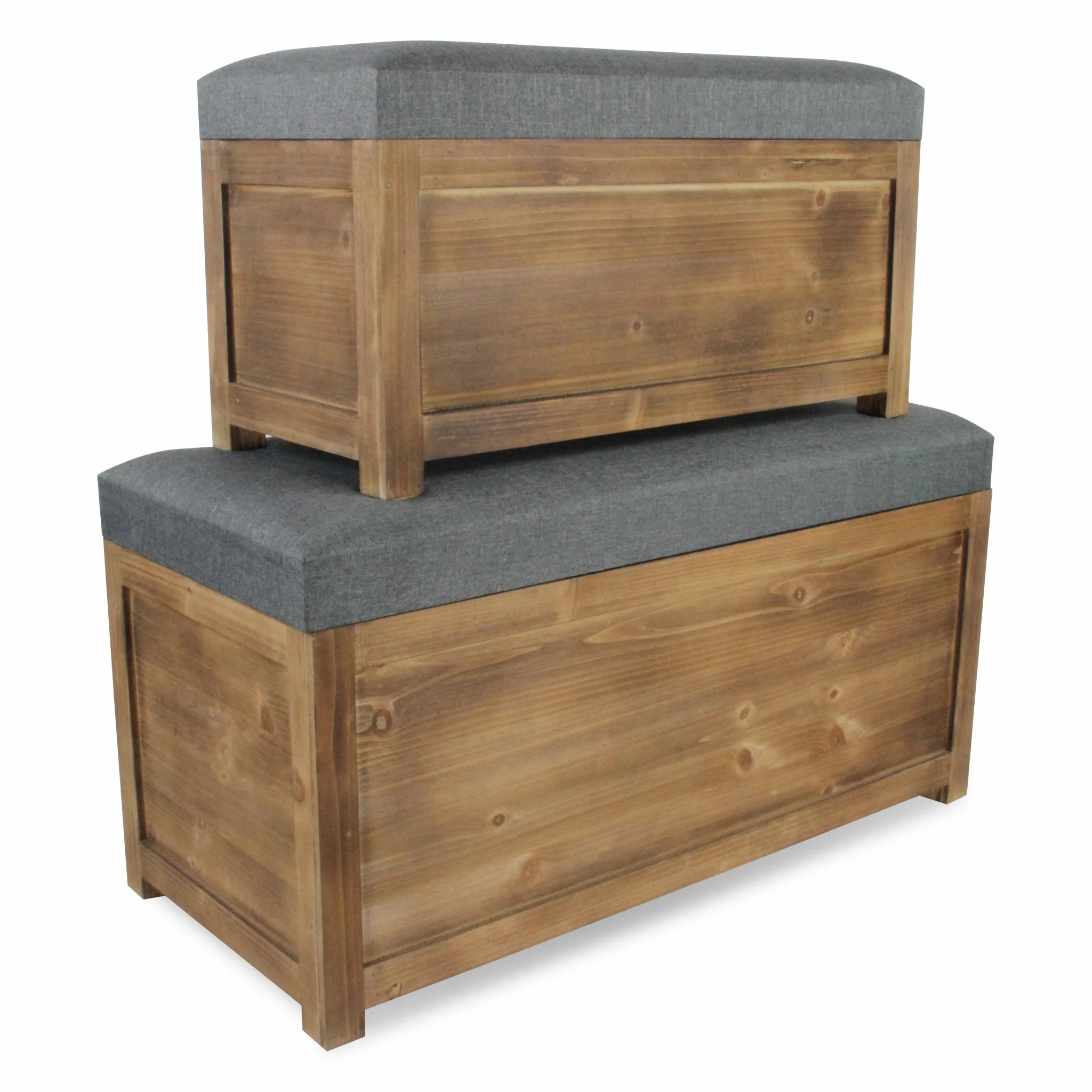 Set of 2 Rectangular Gray Linen Fabric and Wood Storage Benches By Homeroots - Image 8