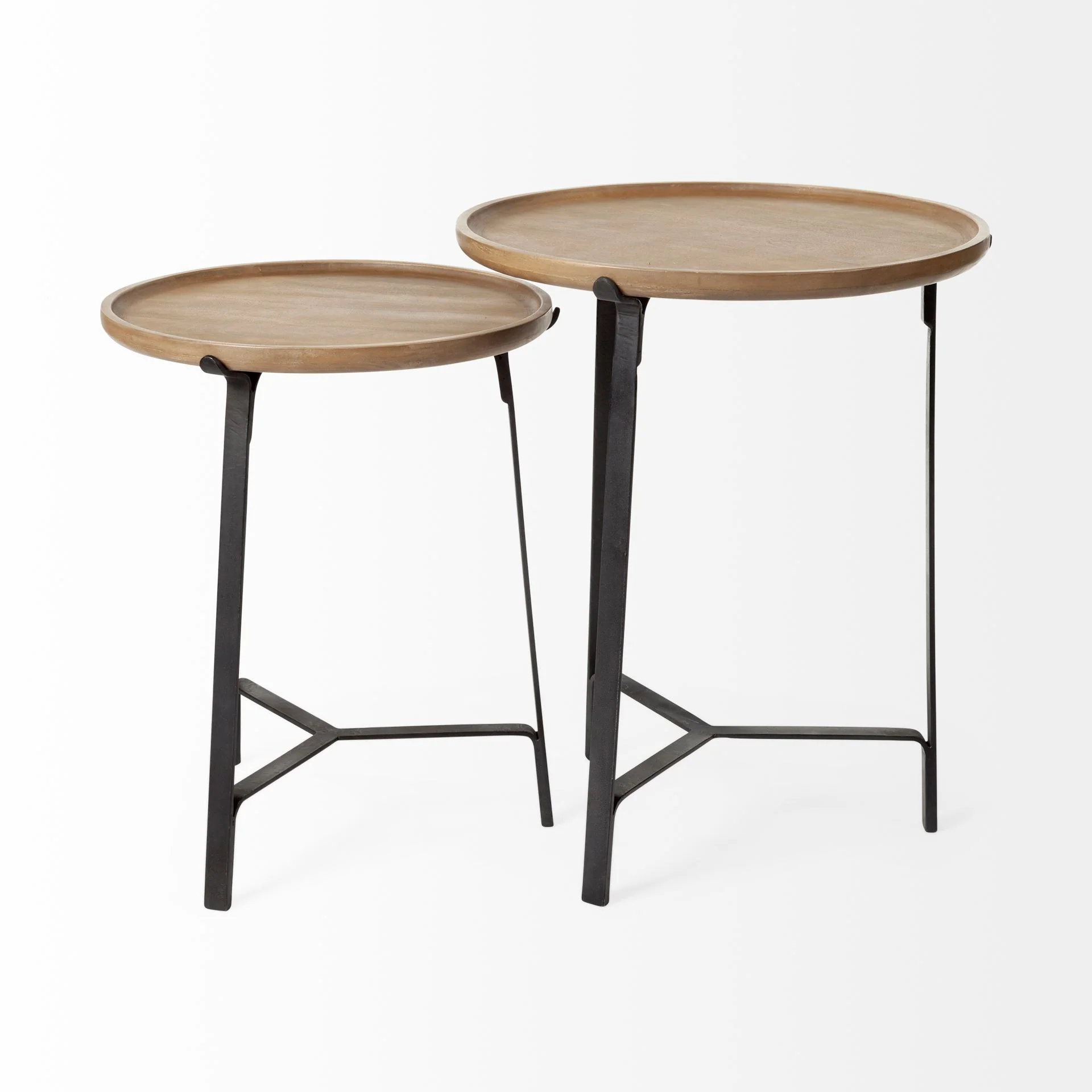 Set of 2 Round Brown Solid Wood Iron Base Nesting Side Tables By Homeroots - Image 2