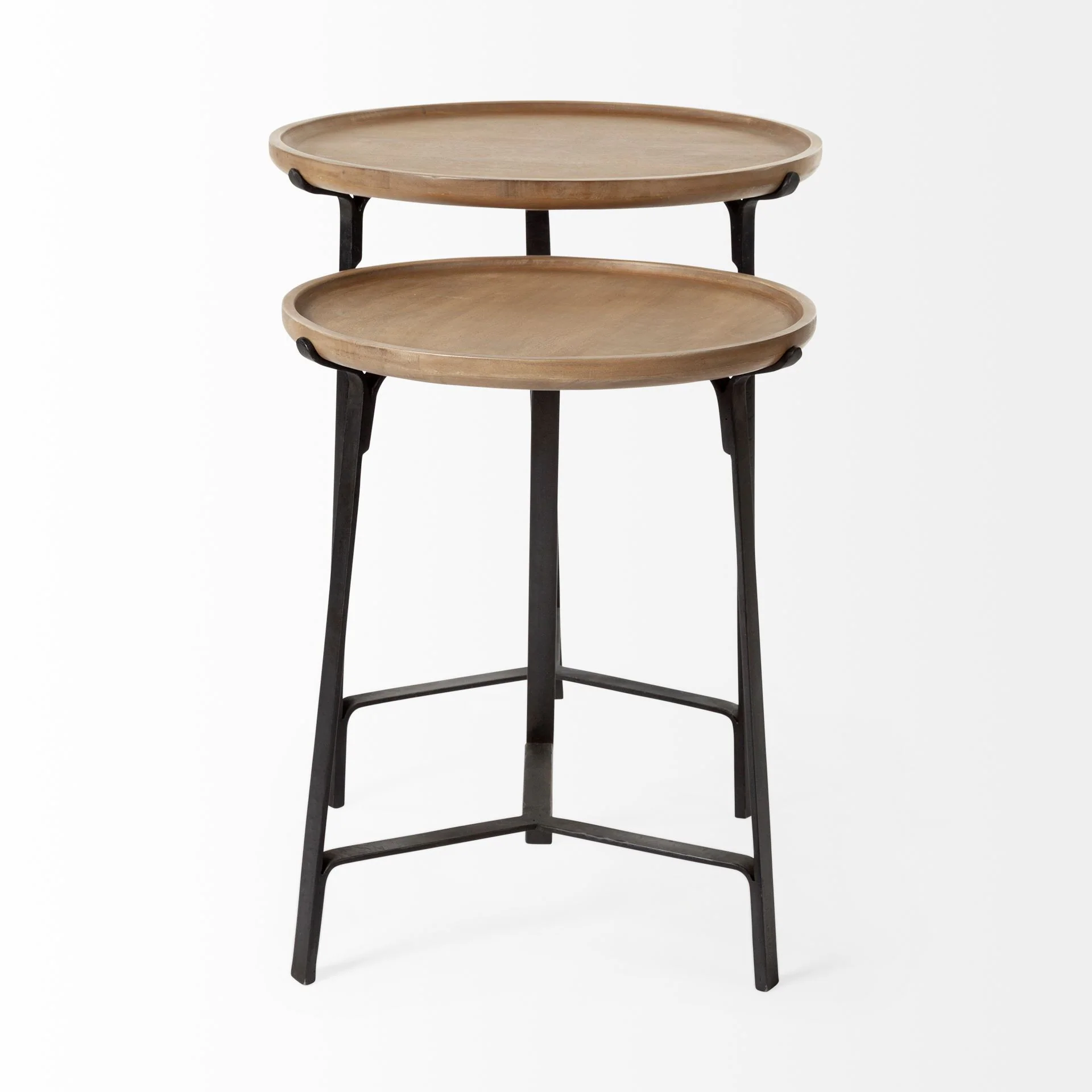 Set of 2 Round Brown Solid Wood Iron Base Nesting Side Tables By Homeroots - Image 3