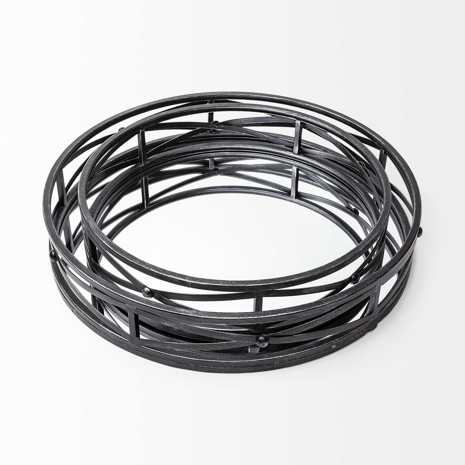 Set Of 2 Round Matte Black Metal With Mirrored Glass Bottom Trays By Homeroots - Image 3