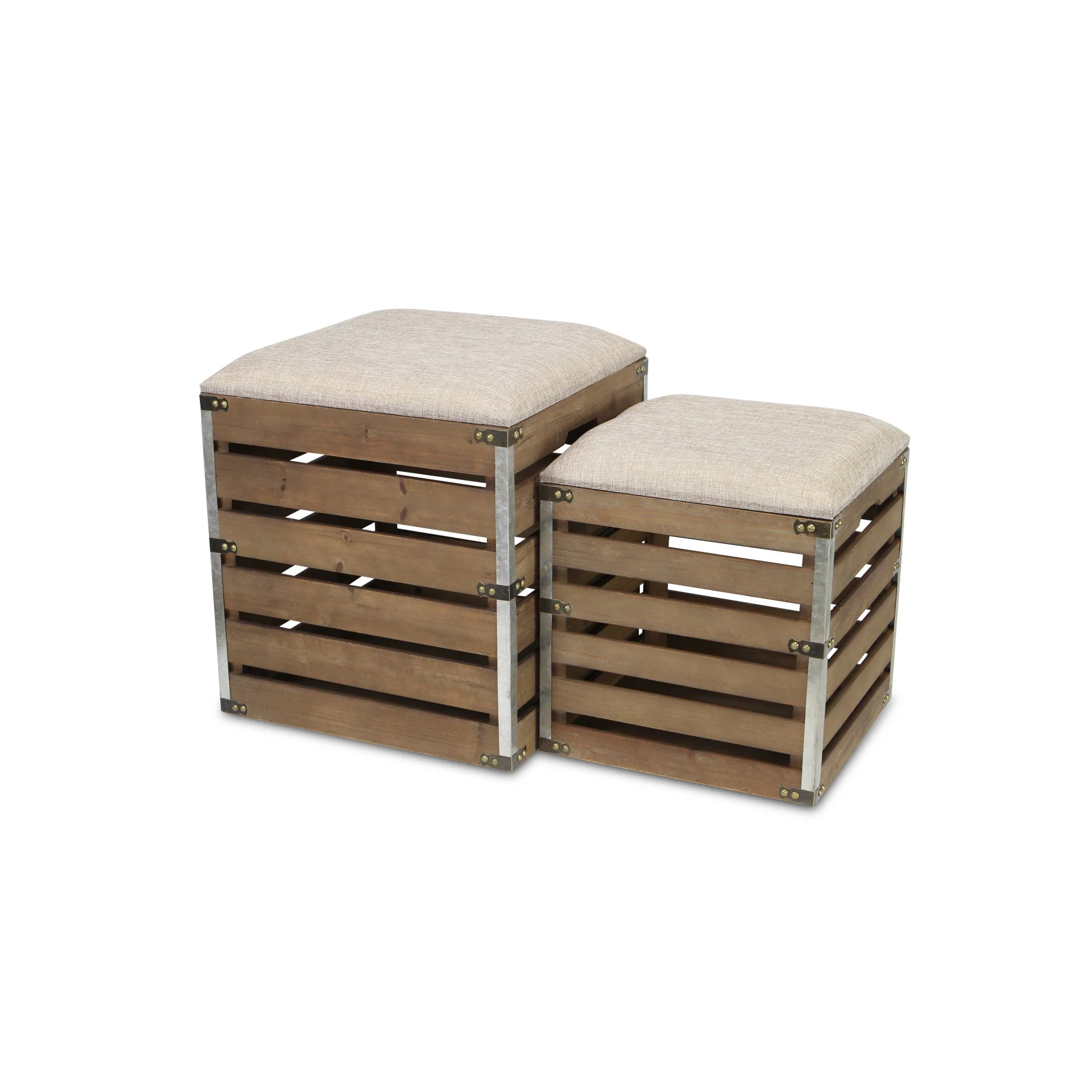 Set of 2 Square Brown Linen Fabric and Wood Slats Storage Benches By Homeroots - Image 2