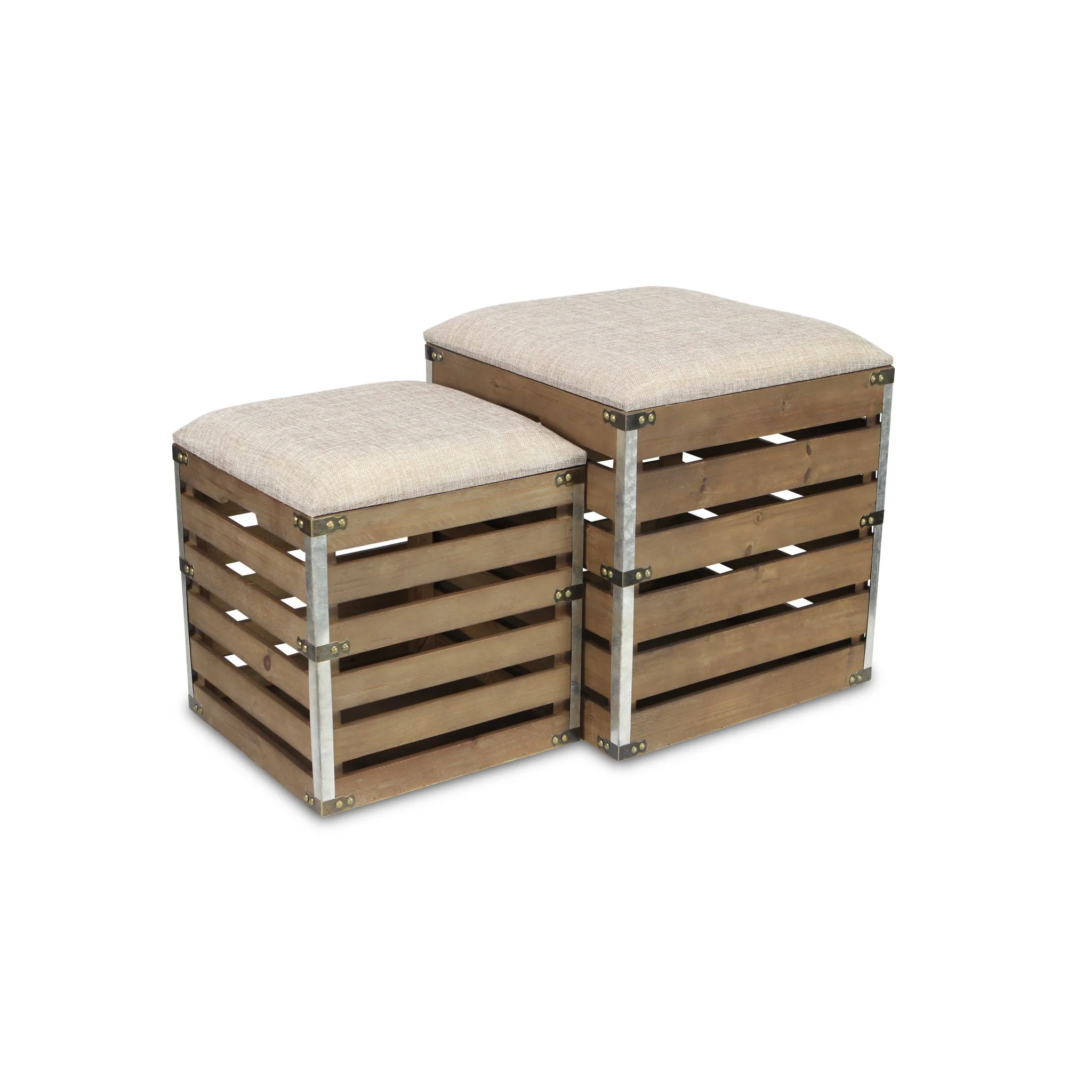 Set of 2 Square Brown Linen Fabric and Wood Slats Storage Benches By Homeroots - Image 3