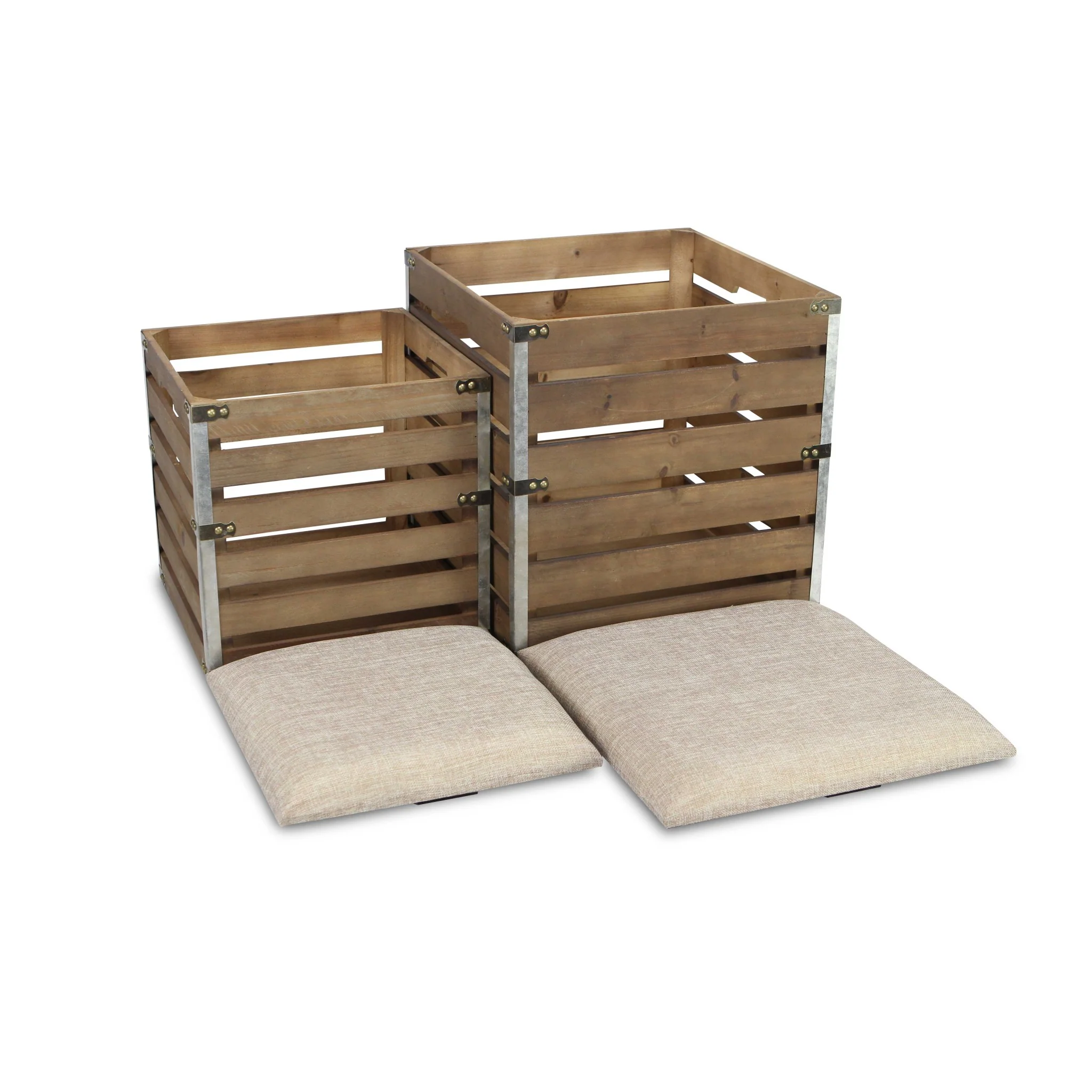 Set of 2 Square Brown Linen Fabric and Wood Slats Storage Benches By Homeroots - Image 4