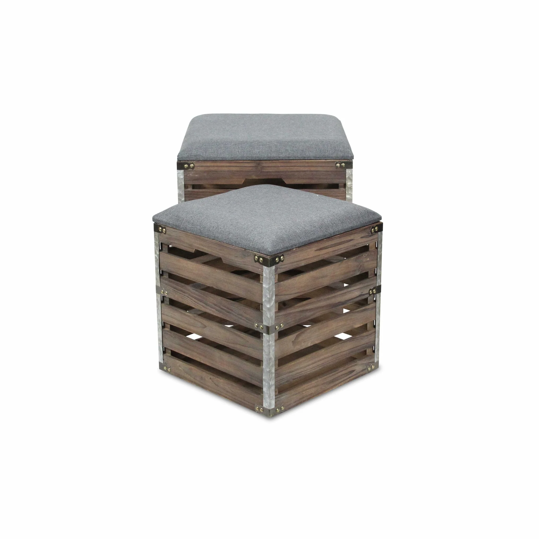 Set of 2 Square Gray Linen Fabric and Wood Slats Storage Benches By Homeroots - Image 2
