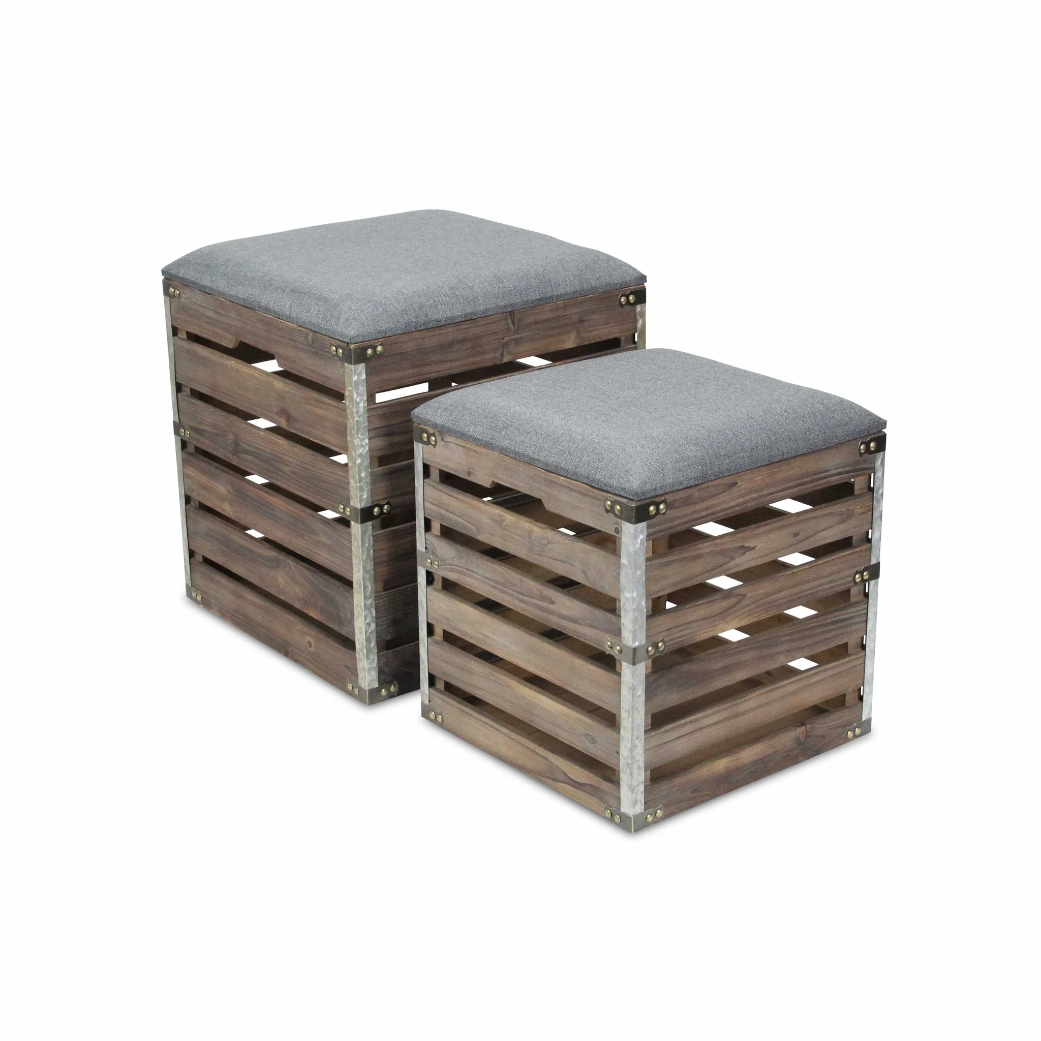 Set of 2 Square Gray Linen Fabric and Wood Slats Storage Benches By Homeroots - Image 3