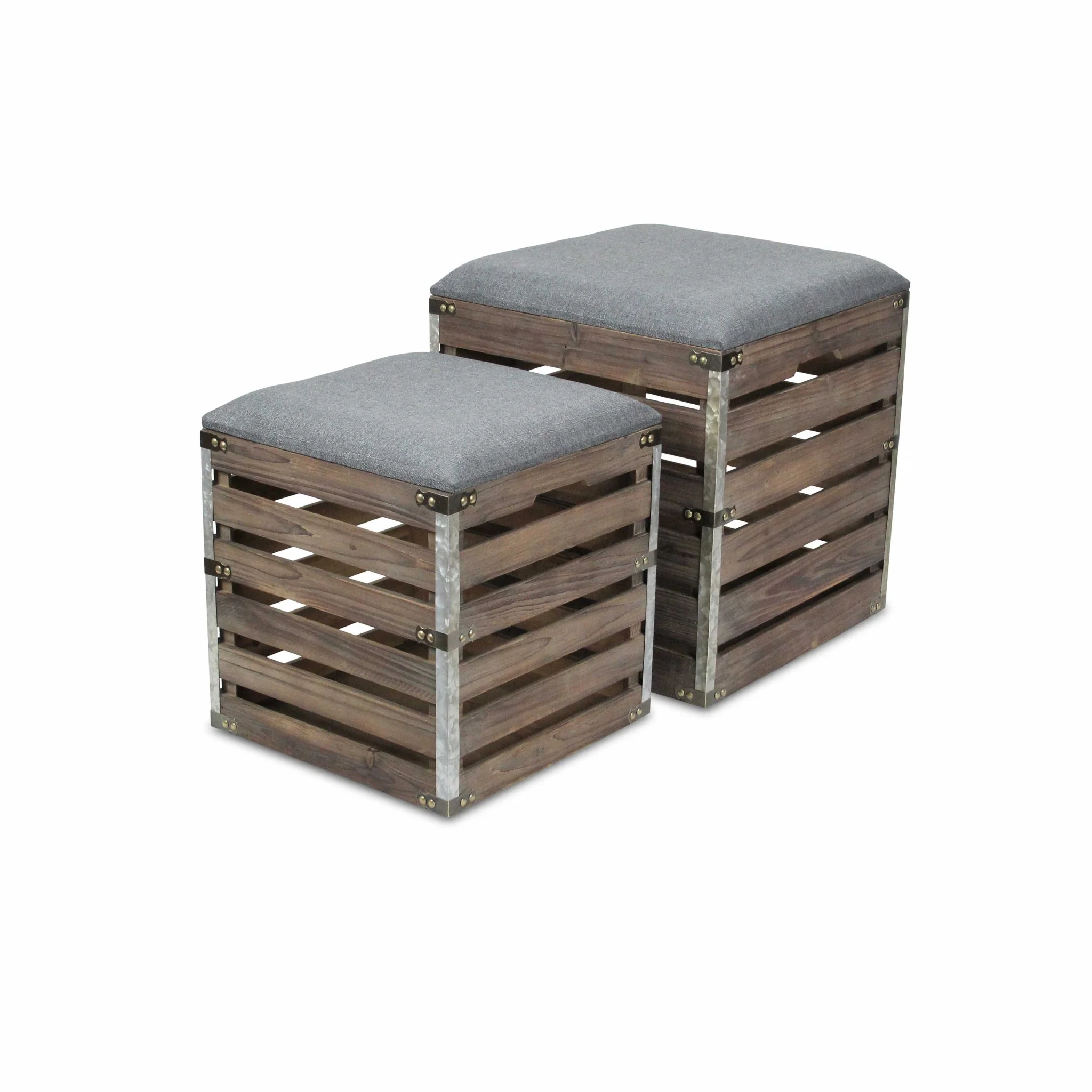 Set of 2 Square Gray Linen Fabric and Wood Slats Storage Benches By Homeroots - Image 4
