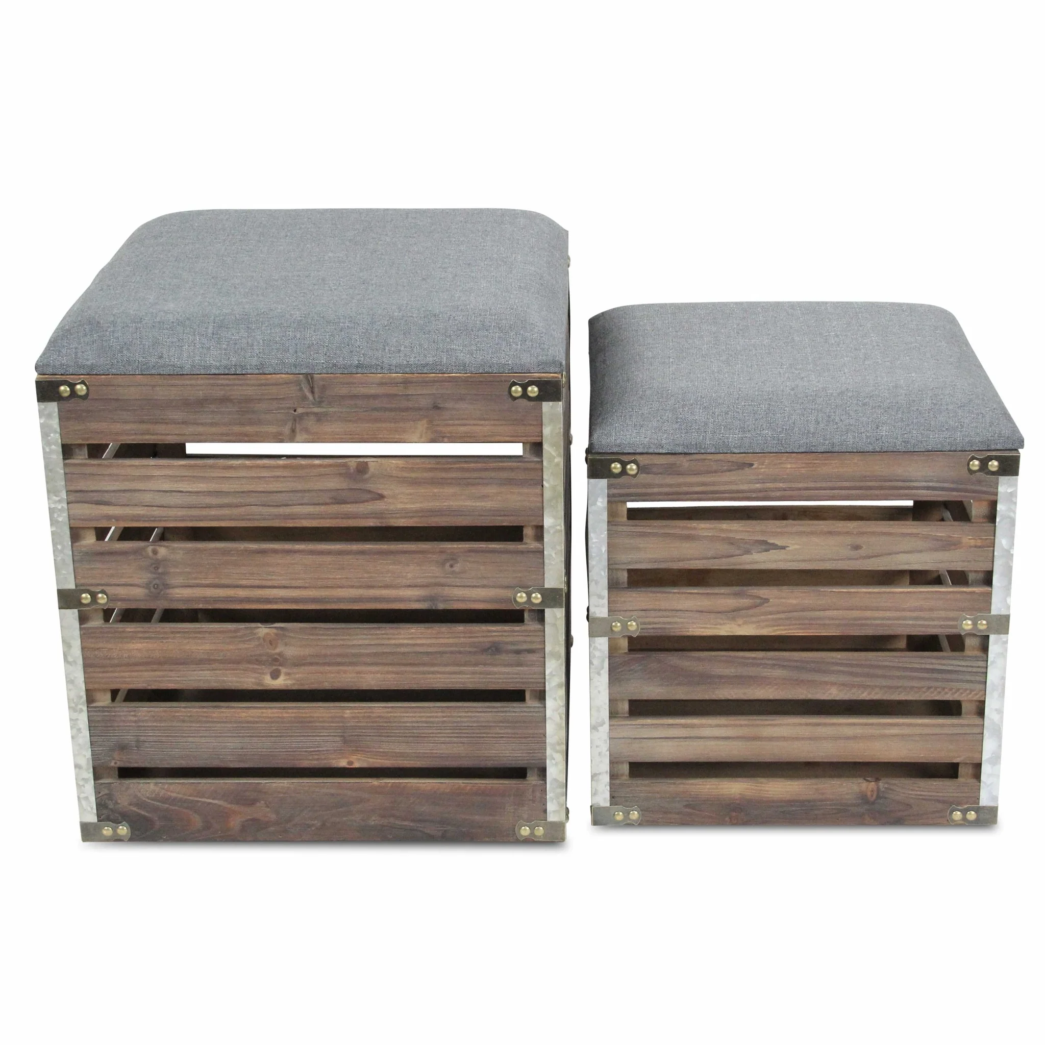 Set of 2 Square Gray Linen Fabric and Wood Slats Storage Benches By Homeroots - Image 5