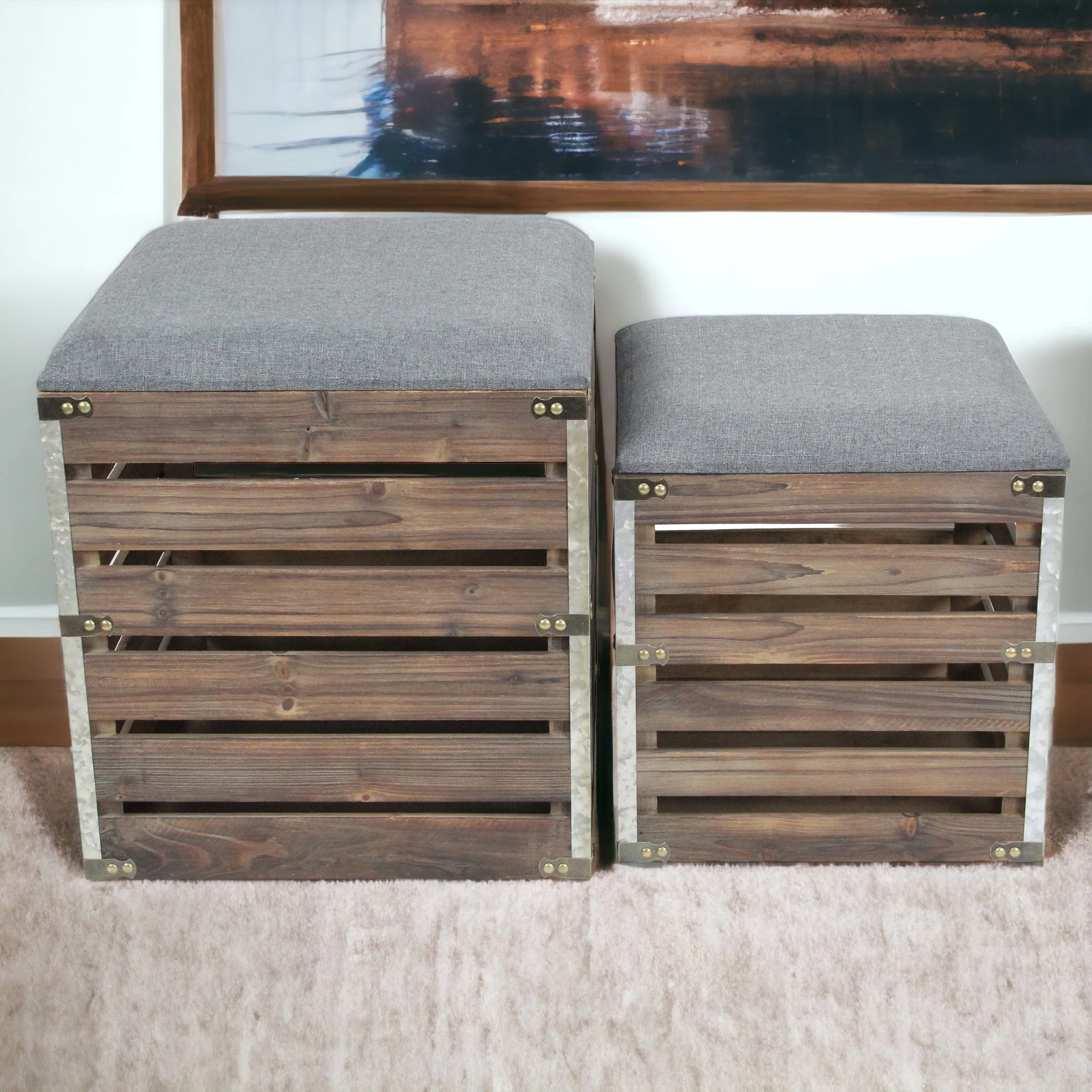 Set of 2 Square Gray Linen Fabric and Wood Slats Storage Benches By Homeroots - Image 6