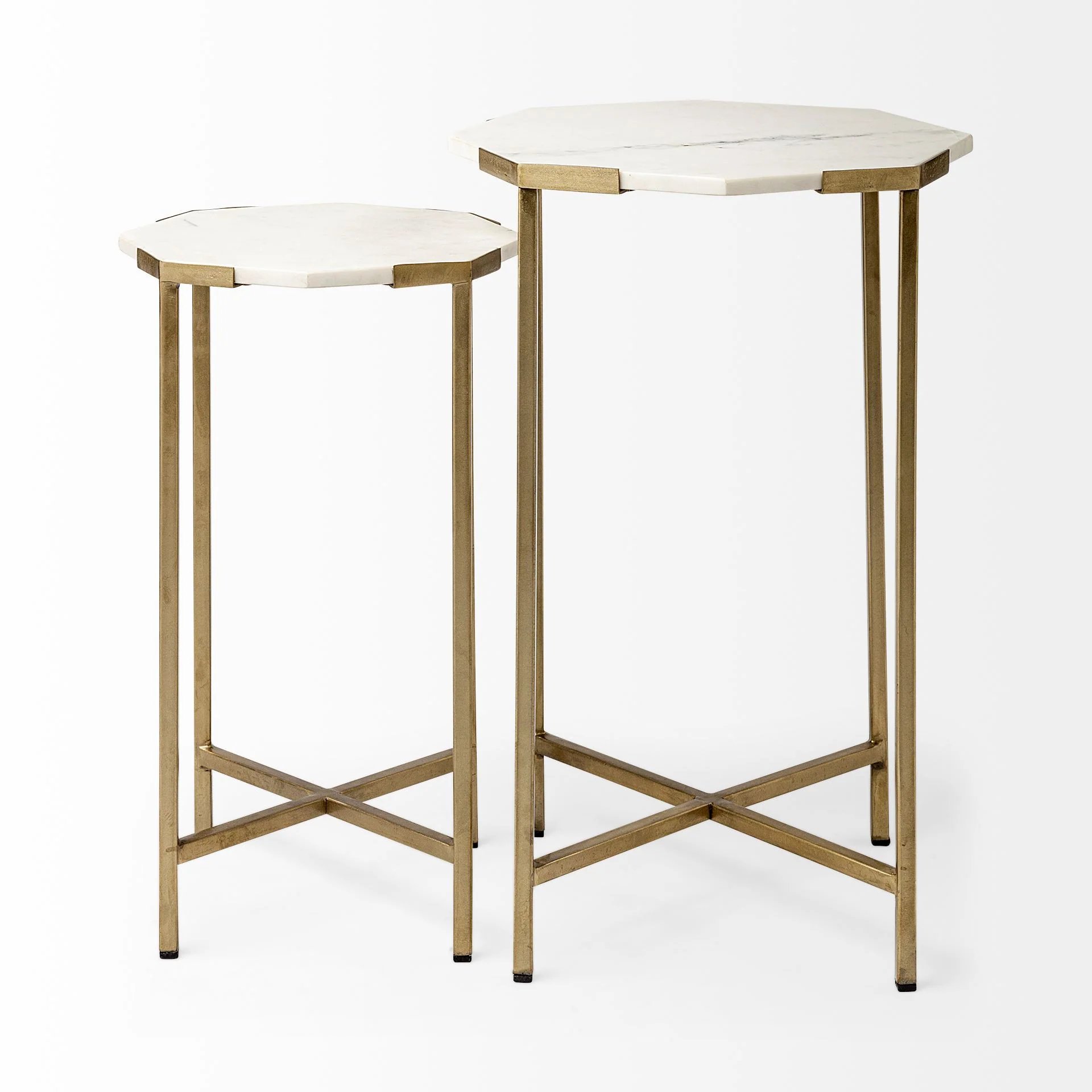 Set of 2 White Marble and Iron Hexagonal Top Side Tables By Homeroots - Image 2