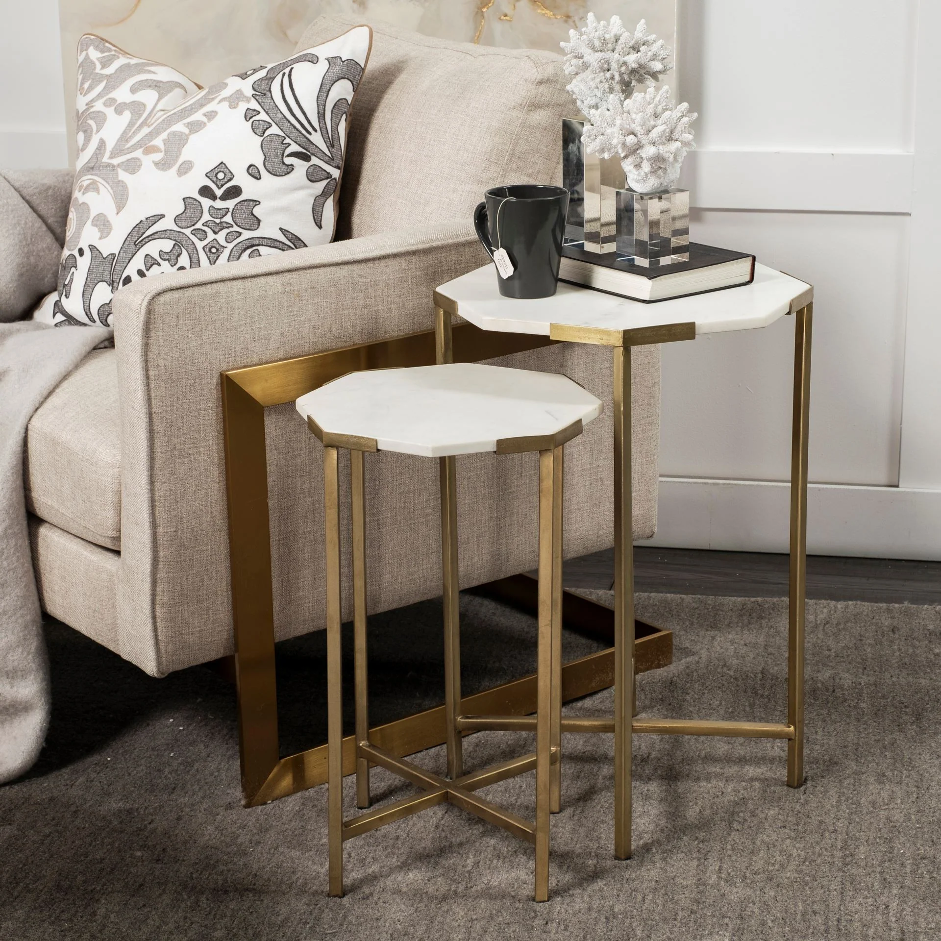 Set of 2 White Marble and Iron Hexagonal Top Side Tables By Homeroots - Image 6