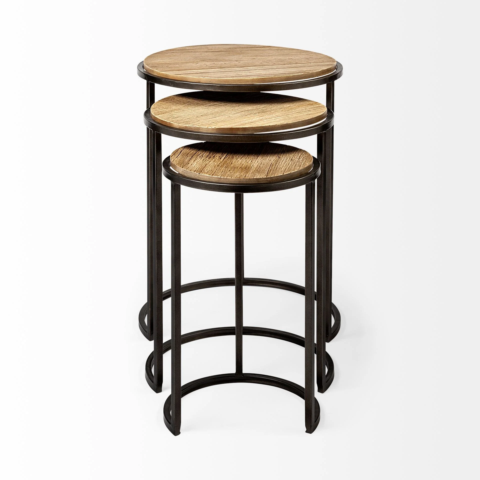 Set of 3 Brown Wood Round Top Accent Tables with Iron Nesting By Homeroots - Image 2