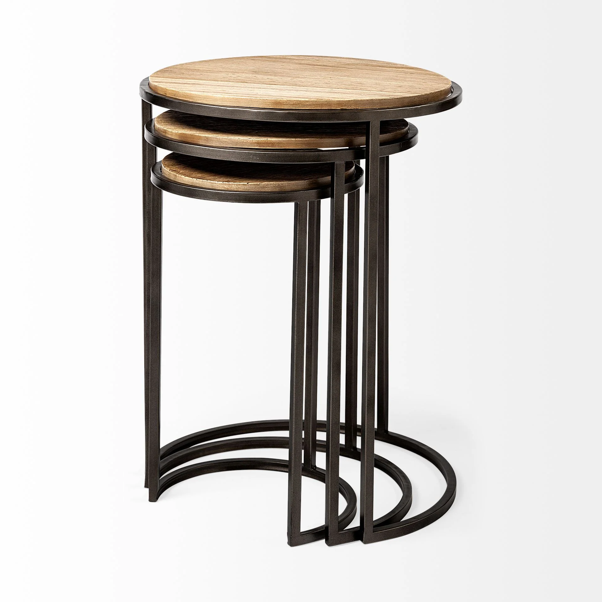 Set of 3 Brown Wood Round Top Accent Tables with Iron Nesting By Homeroots - Image 3
