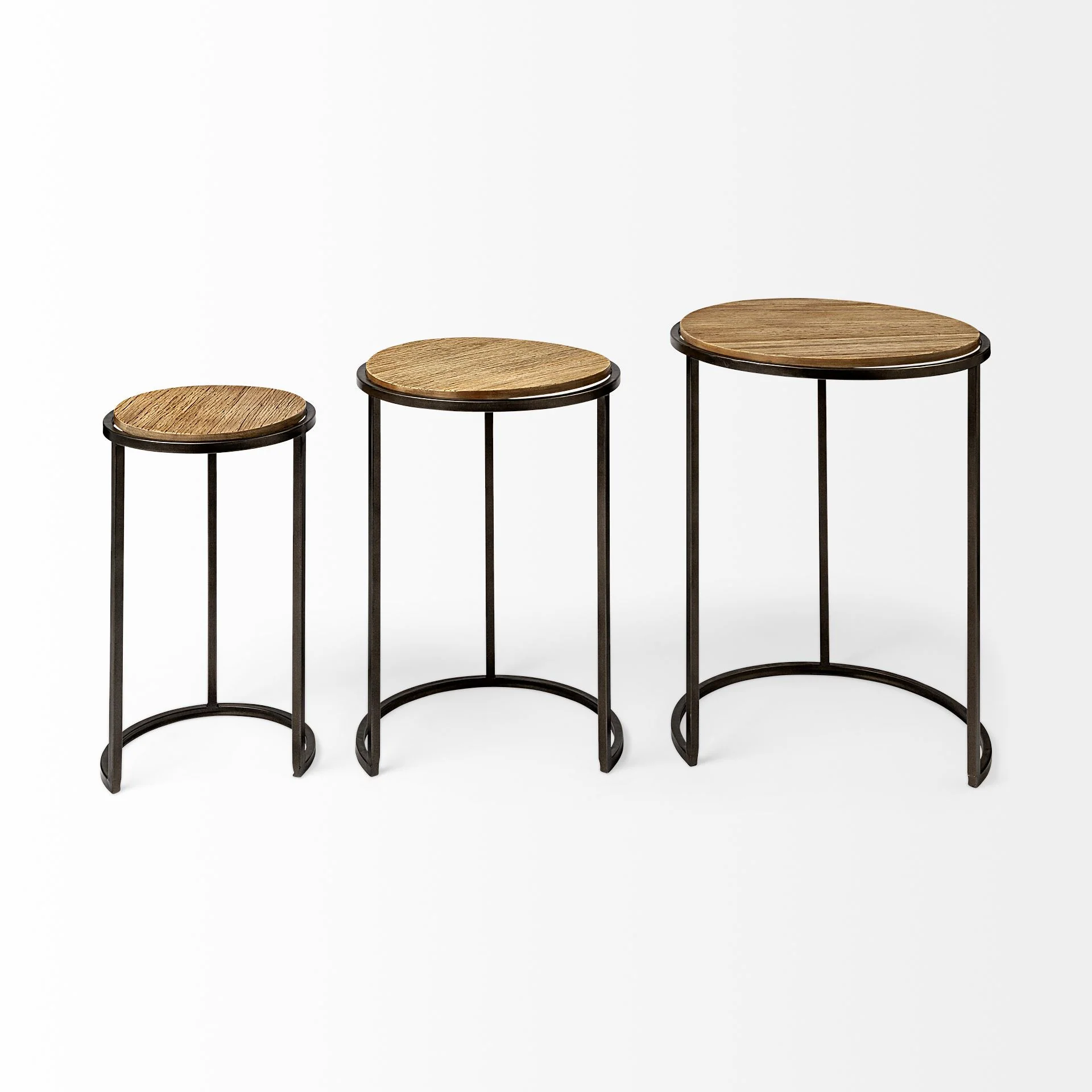 Set of 3 Brown Wood Round Top Accent Tables with Iron Nesting By Homeroots - Image 4