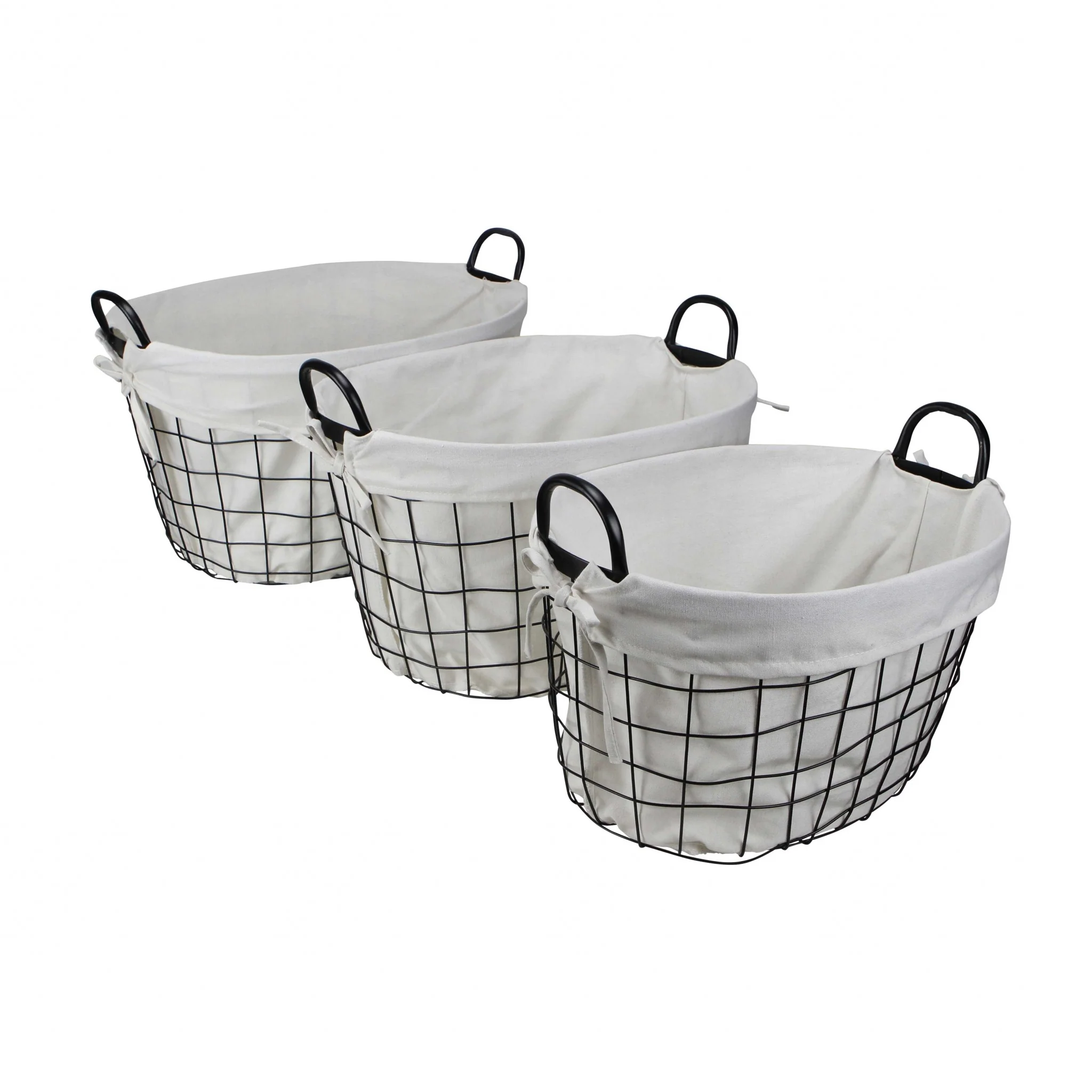 Set Of 3 Oval White Lined And Metal Wire Baskets With Handles By Homeroots - Image 2