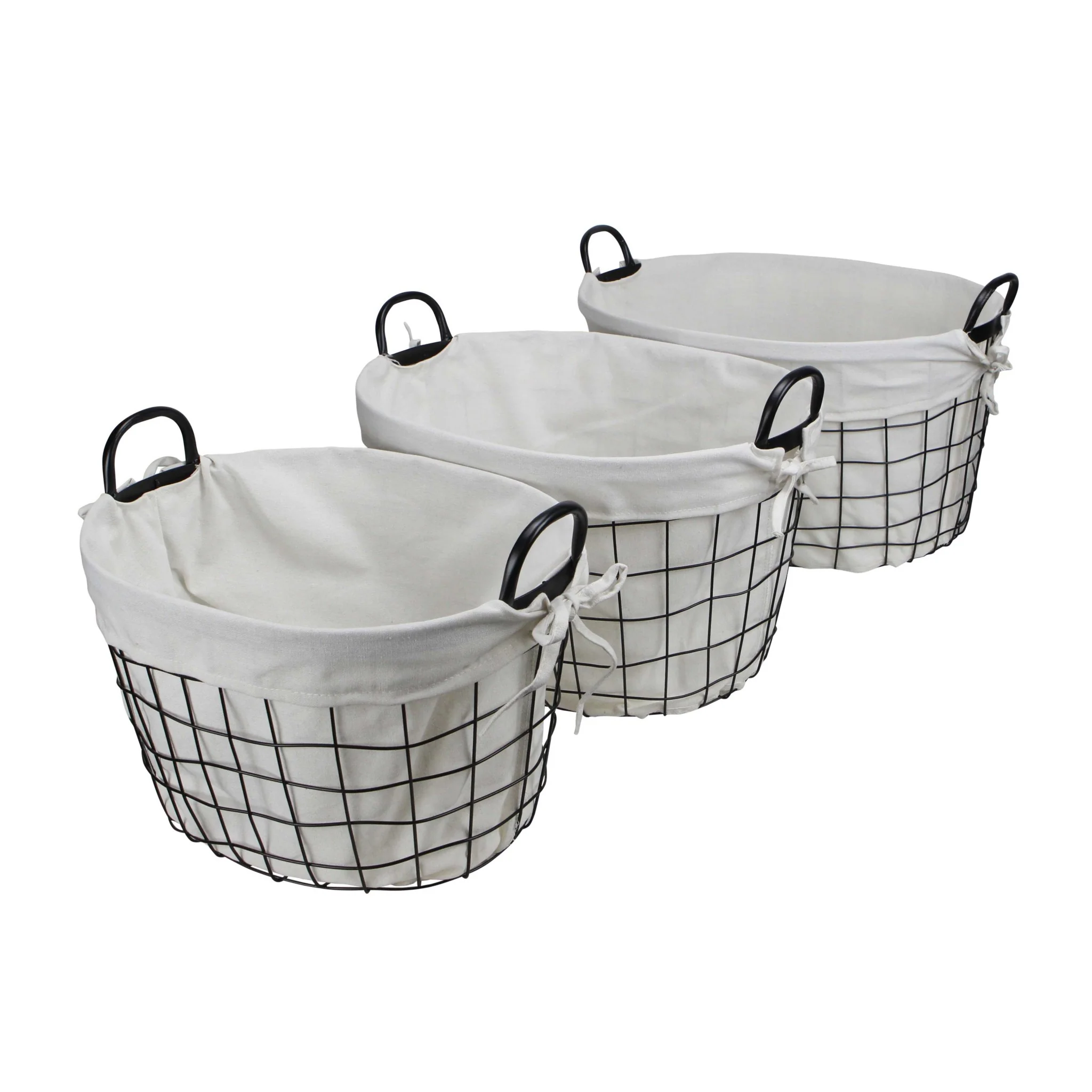 Set Of 3 Oval White Lined And Metal Wire Baskets With Handles By Homeroots - Image 3