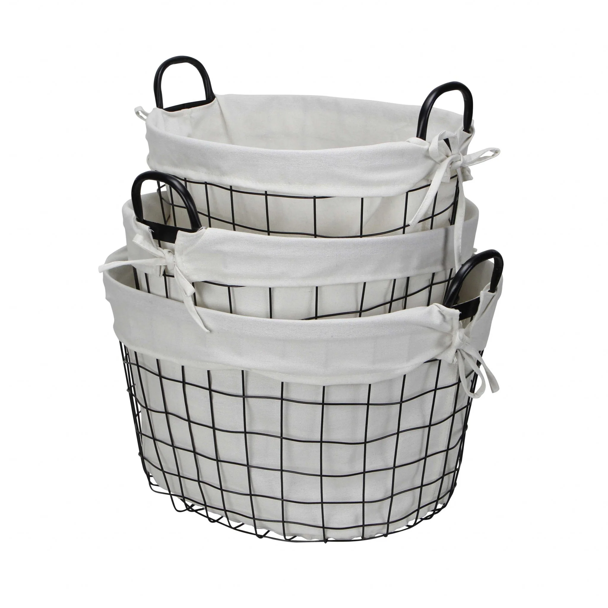 Set Of 3 Oval White Lined And Metal Wire Baskets With Handles By Homeroots - Image 5