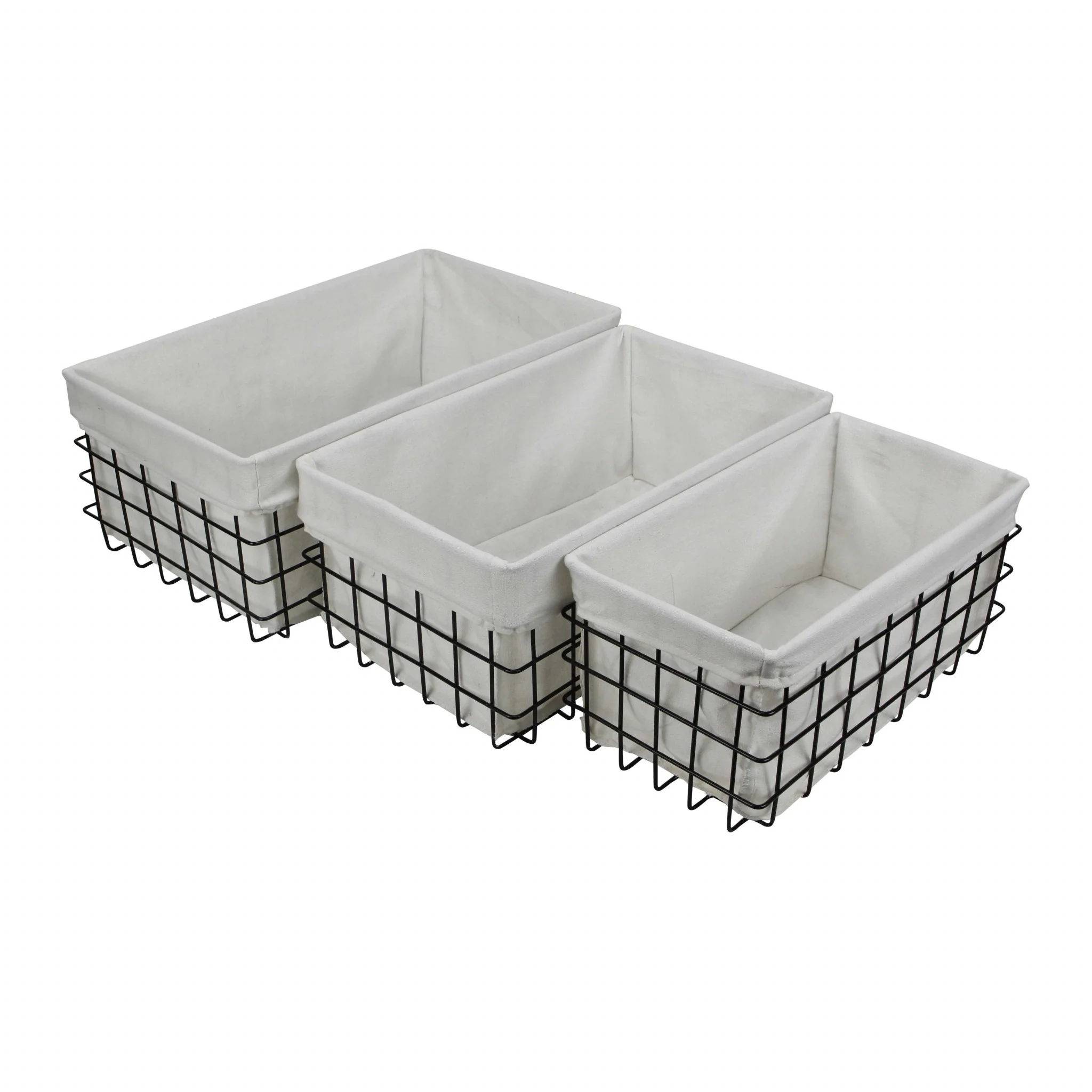 Set Of 3 Rectangular White Lined And Metal Wire Baskets By Homeroots - Image 2