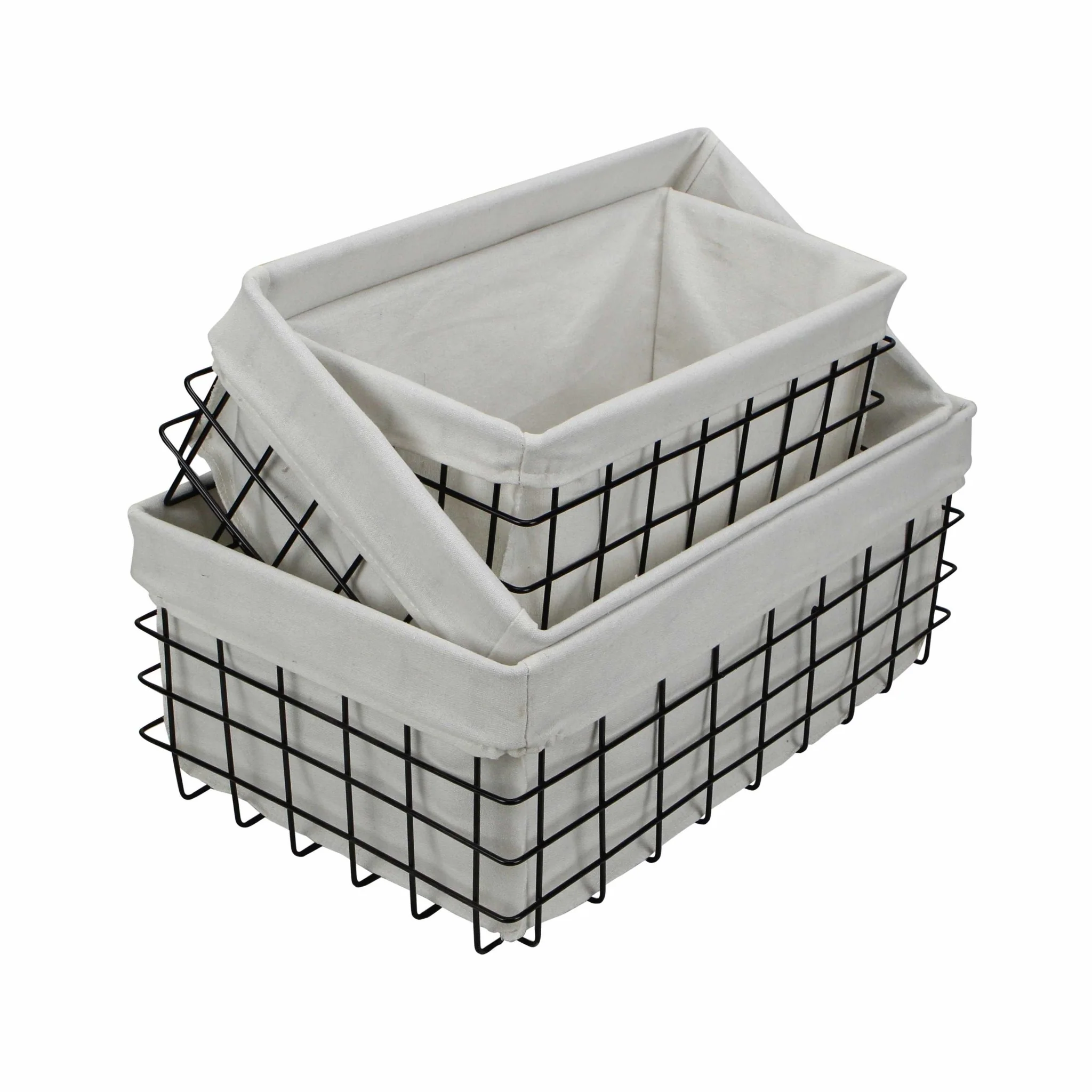 Set Of 3 Rectangular White Lined And Metal Wire Baskets By Homeroots - Image 3