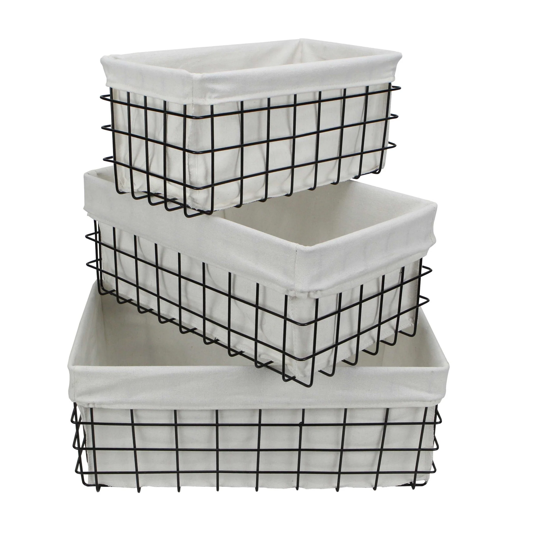 Set Of 3 Rectangular White Lined And Metal Wire Baskets By Homeroots - Image 4