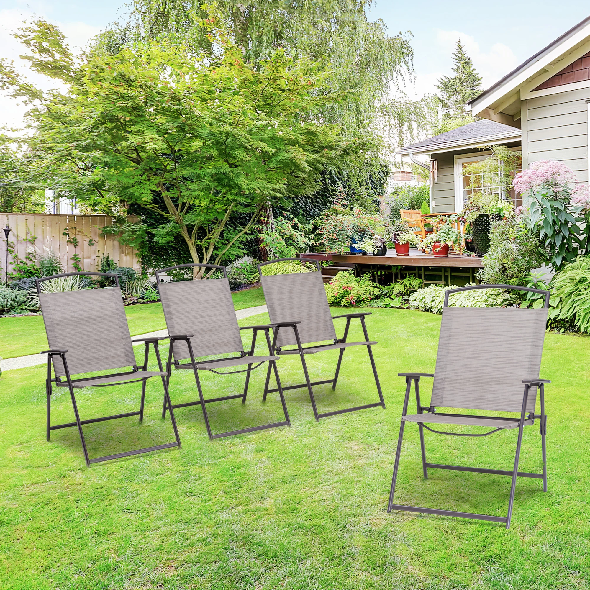 Set of Four Brown Steel Sling Outdoor Folding Arm Chairs By Homeroots - Image 8