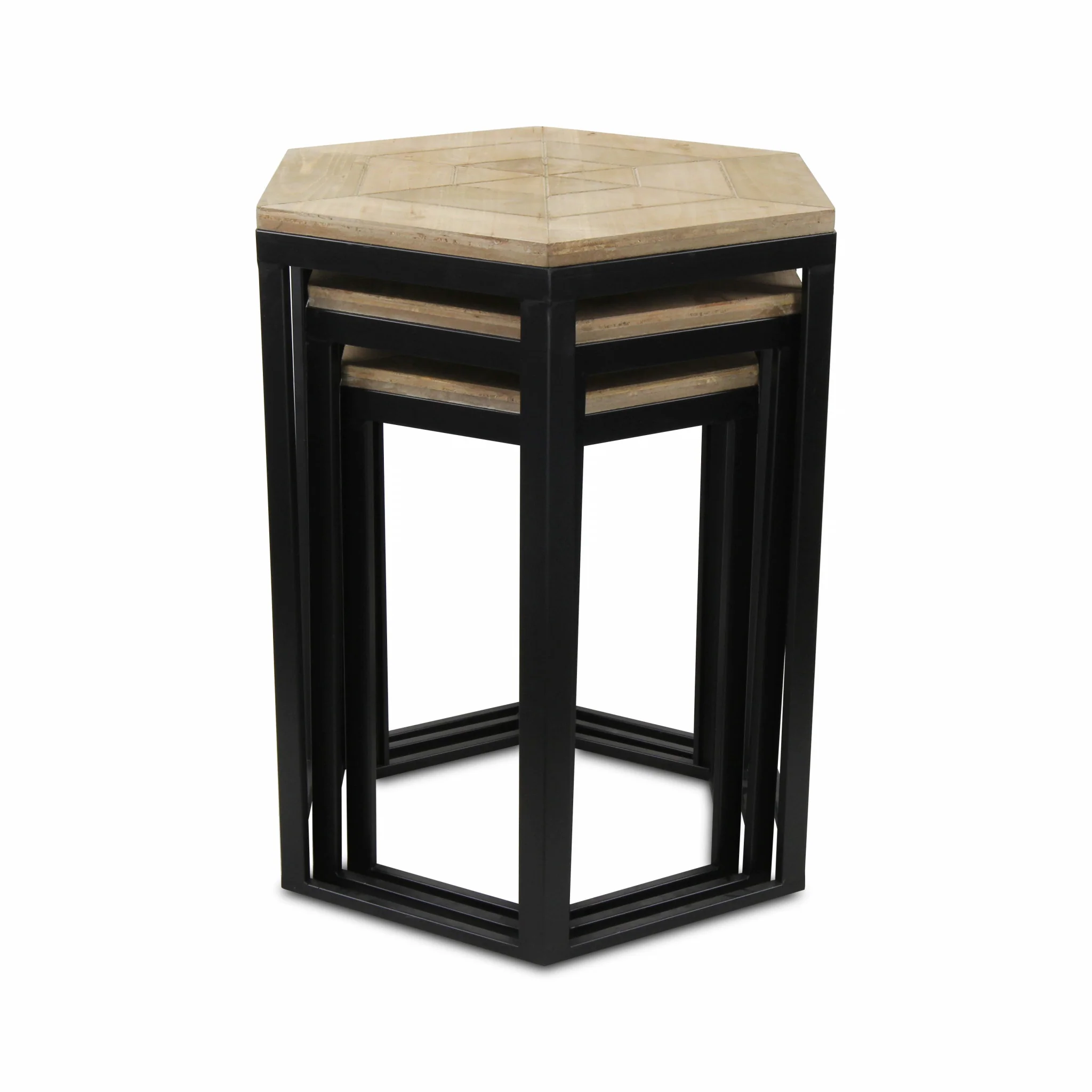 Set Of Three 25" Black And Brown Solid Wood And Steel Hexagon Nested Tables By Homeroots - Image 2