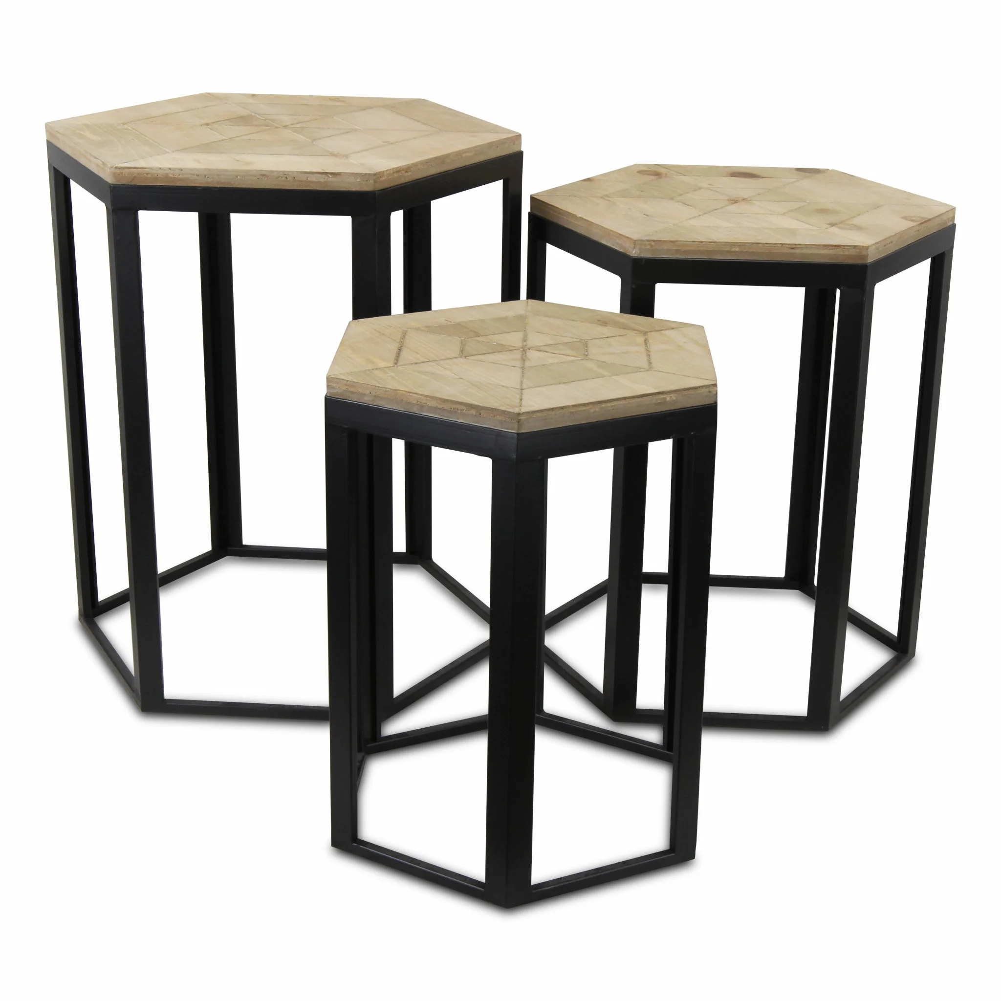 Set Of Three 25" Black And Brown Solid Wood And Steel Hexagon Nested Tables By Homeroots - Image 3