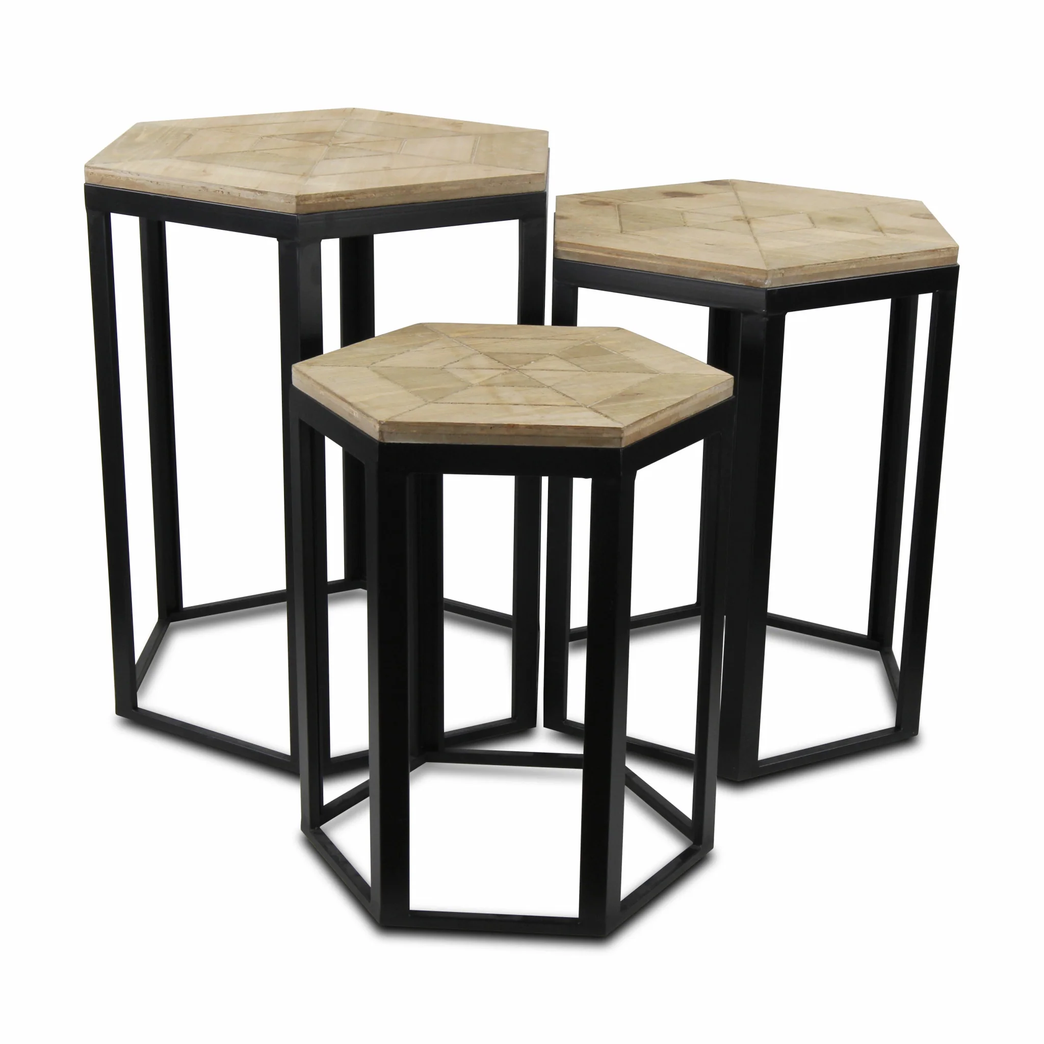Set Of Three 25" Black And Brown Solid Wood And Steel Hexagon Nested Tables By Homeroots - Image 4