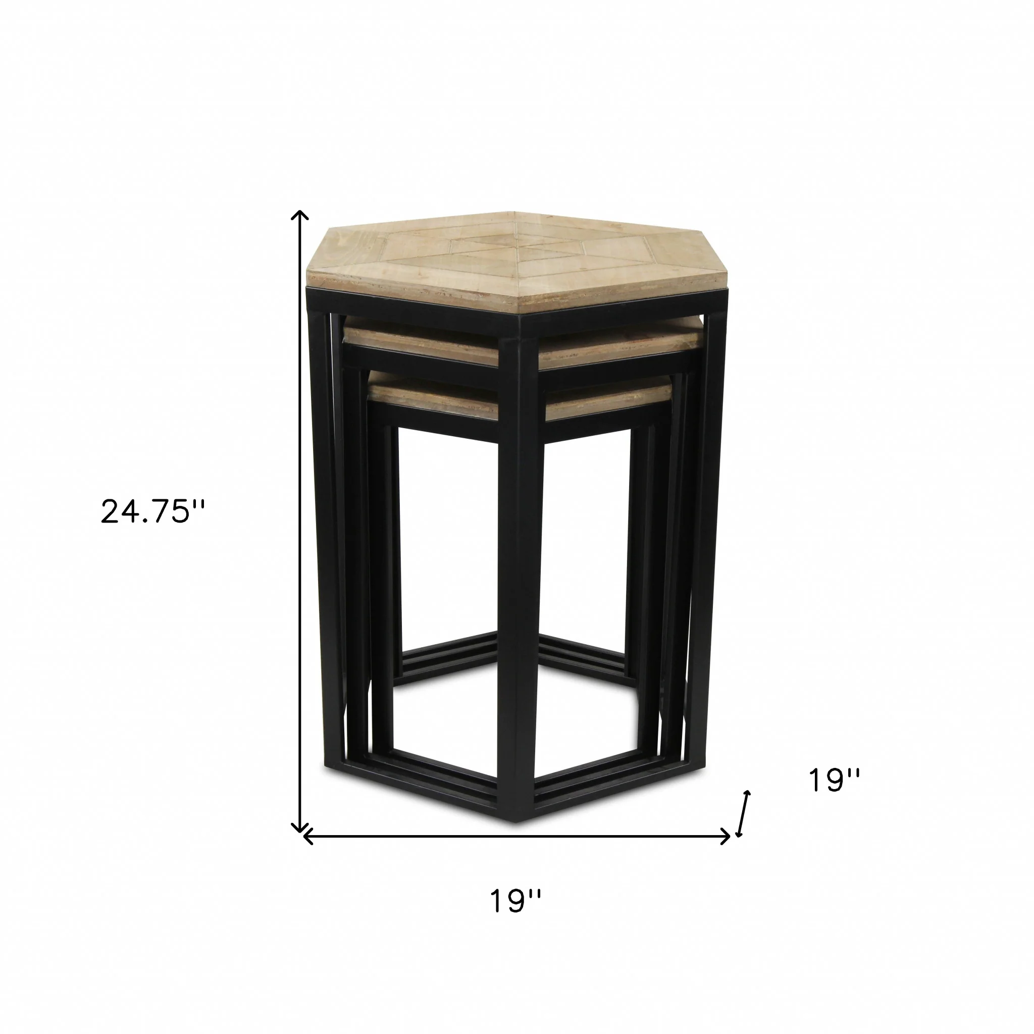 Set Of Three 25" Black And Brown Solid Wood And Steel Hexagon Nested Tables By Homeroots - Image 5
