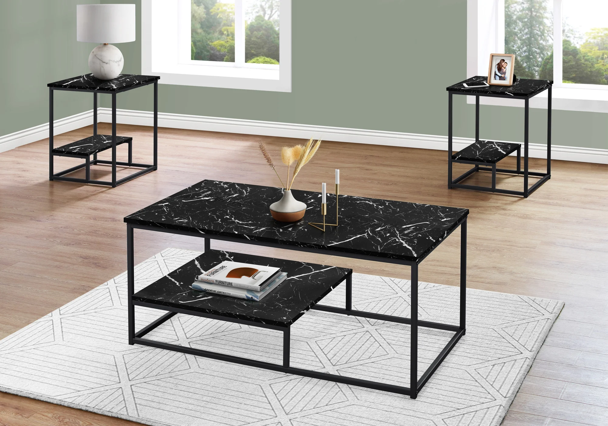 Set Of Three 42" Black Rectangular Coffee Table With Shelf By Homeroots - Image 4