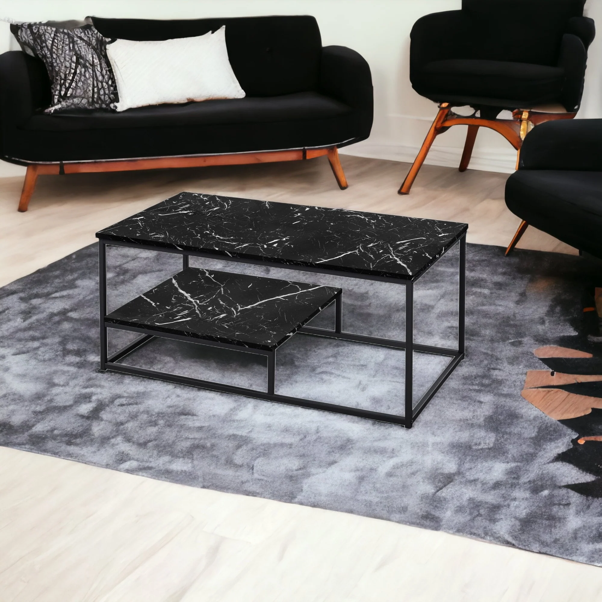 Set Of Three 42" Black Rectangular Coffee Table With Shelf By Homeroots - Image 6