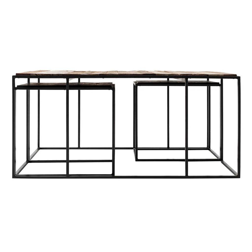 Set of Three Black and Brown Reclaimed Wood And Iron Nested Coffee Tables By Homeroots - Image 3