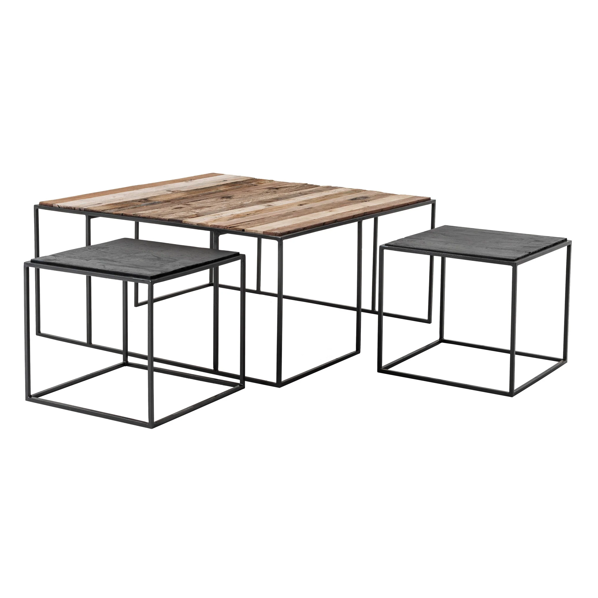 Set of Three Black and Brown Reclaimed Wood And Iron Nested Coffee Tables By Homeroots - Image 4