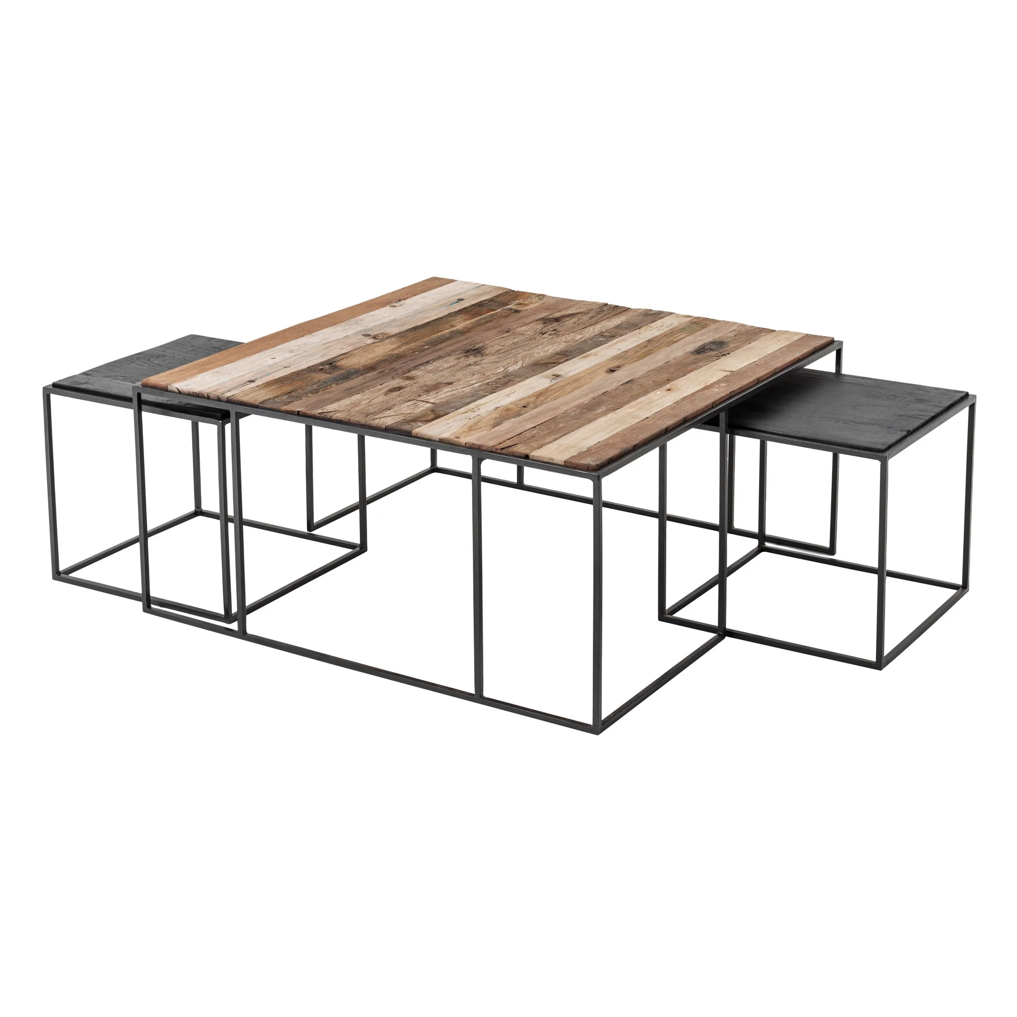Set of Three Black and Brown Reclaimed Wood And Iron Nested Coffee Tables By Homeroots - Image 5