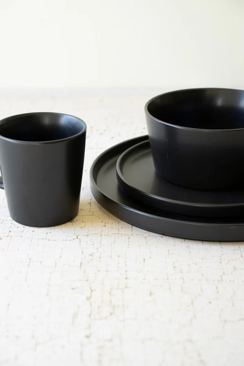 Set Of Three Black Ceramic Dinner Plate, Salad Plate, Bowl By Kalalou - Image 2