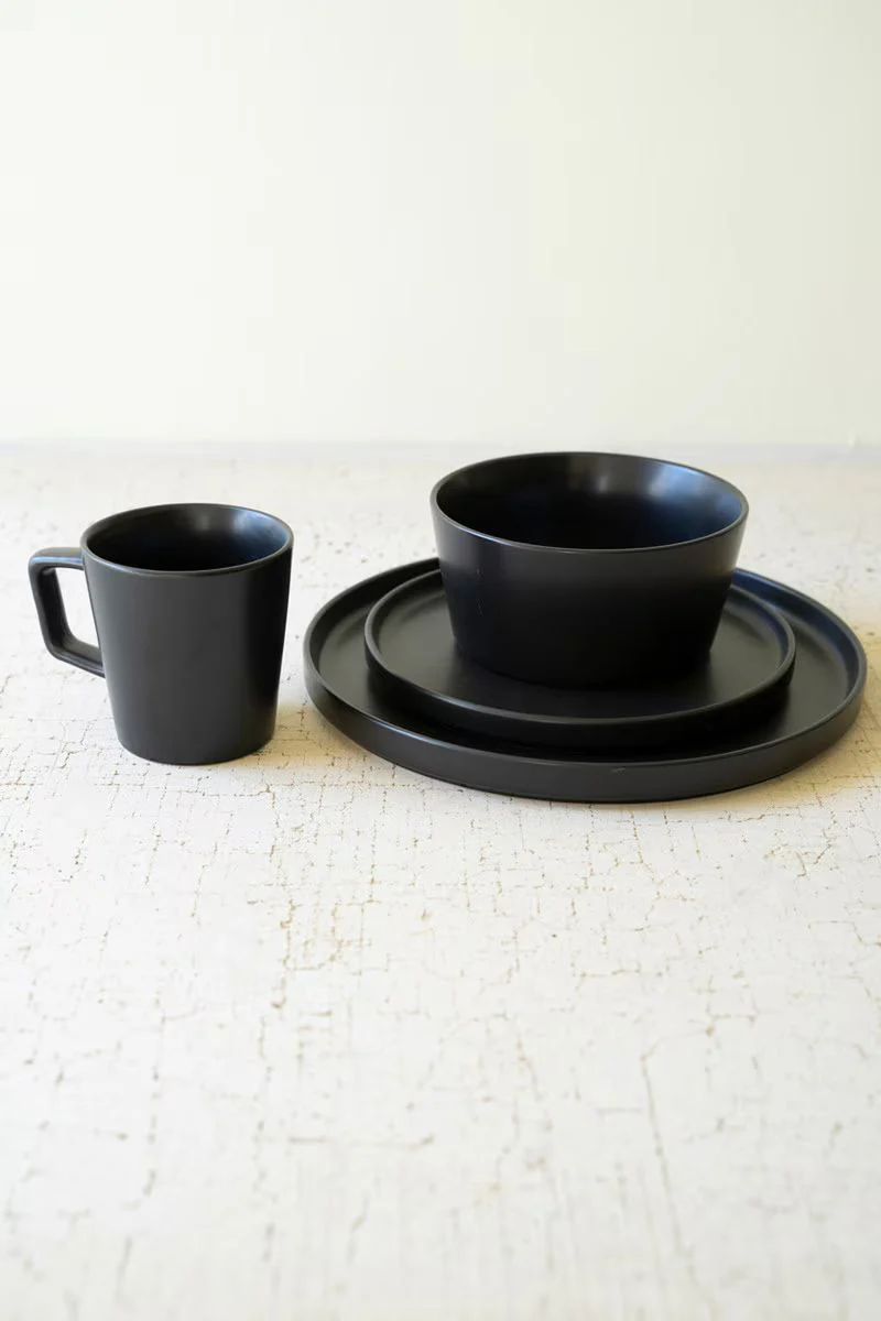 Set Of Three Black Ceramic Dinner Plate, Salad Plate, Bowl By Kalalou - Image 4